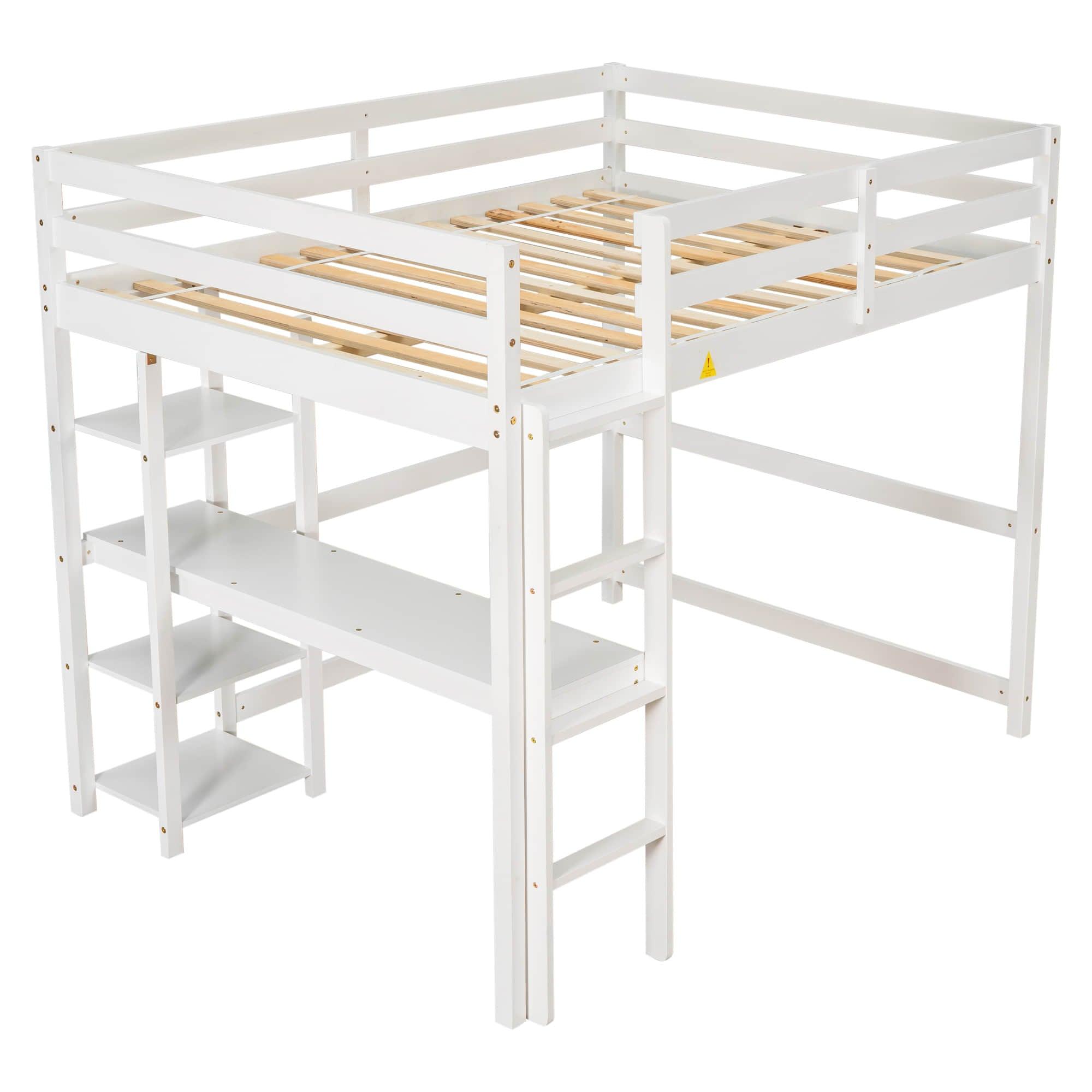 Wood Full Size Loft Bed with Desk and Storage Shelves for Kids, Teens