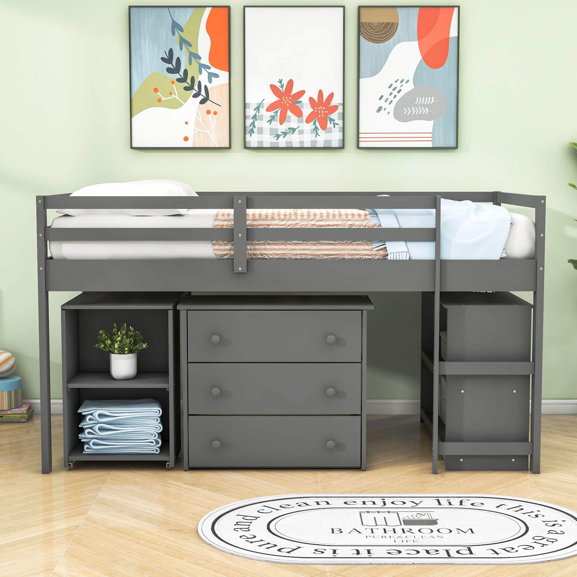 Montessori Twin Low Loft Bed with Desk and Storage for Kids - [Shelves, Dresser, Drawers, Ladder, Wood]