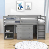 Montessori Full Low Loft Bed with Desk and Storage for Kids - [Shelves, Dresser, Drawers, Ladder, Wood]