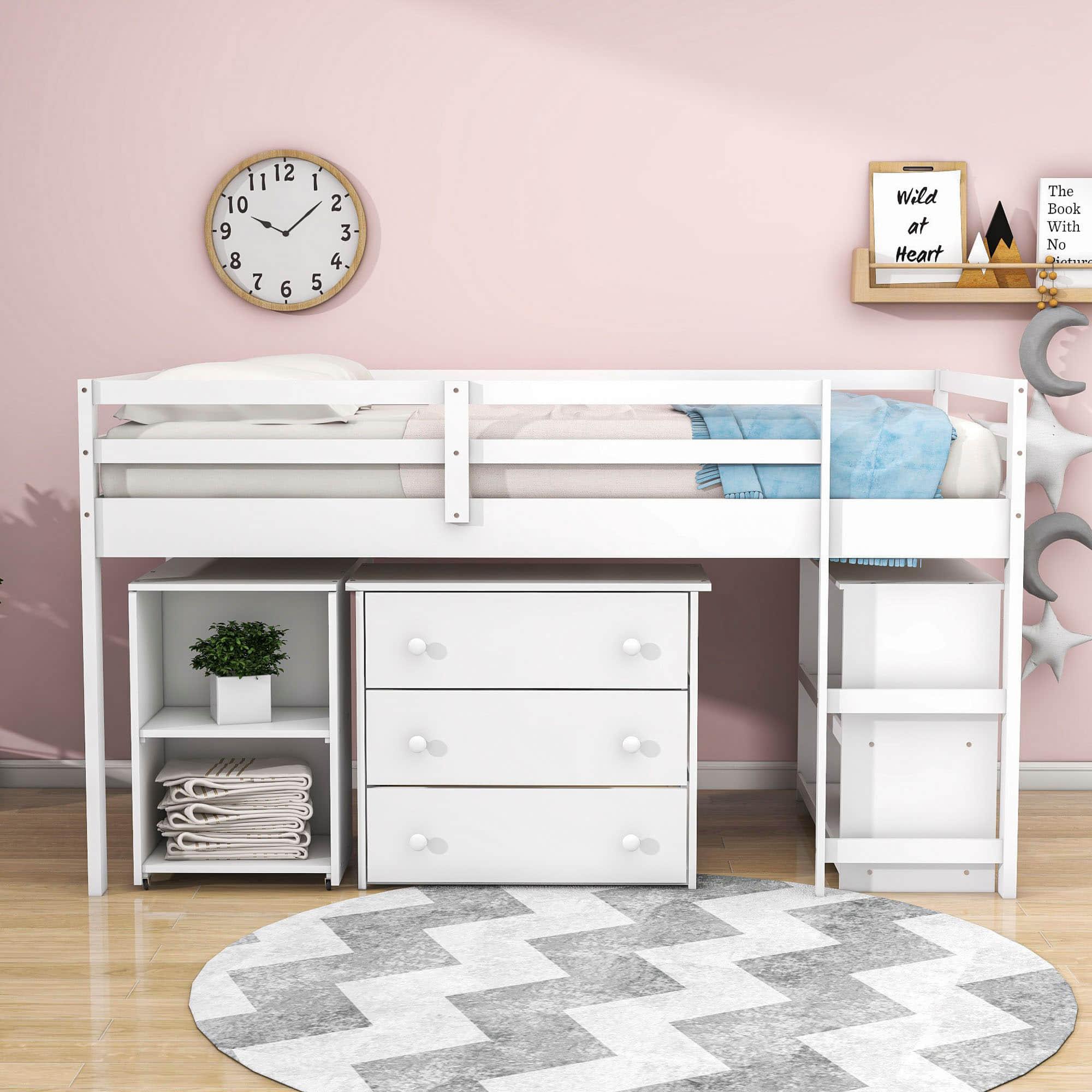 Montessori Twin Low Loft Bed with Desk and Storage for Kids - [Shelves, Dresser, Drawers, Ladder, Wood]