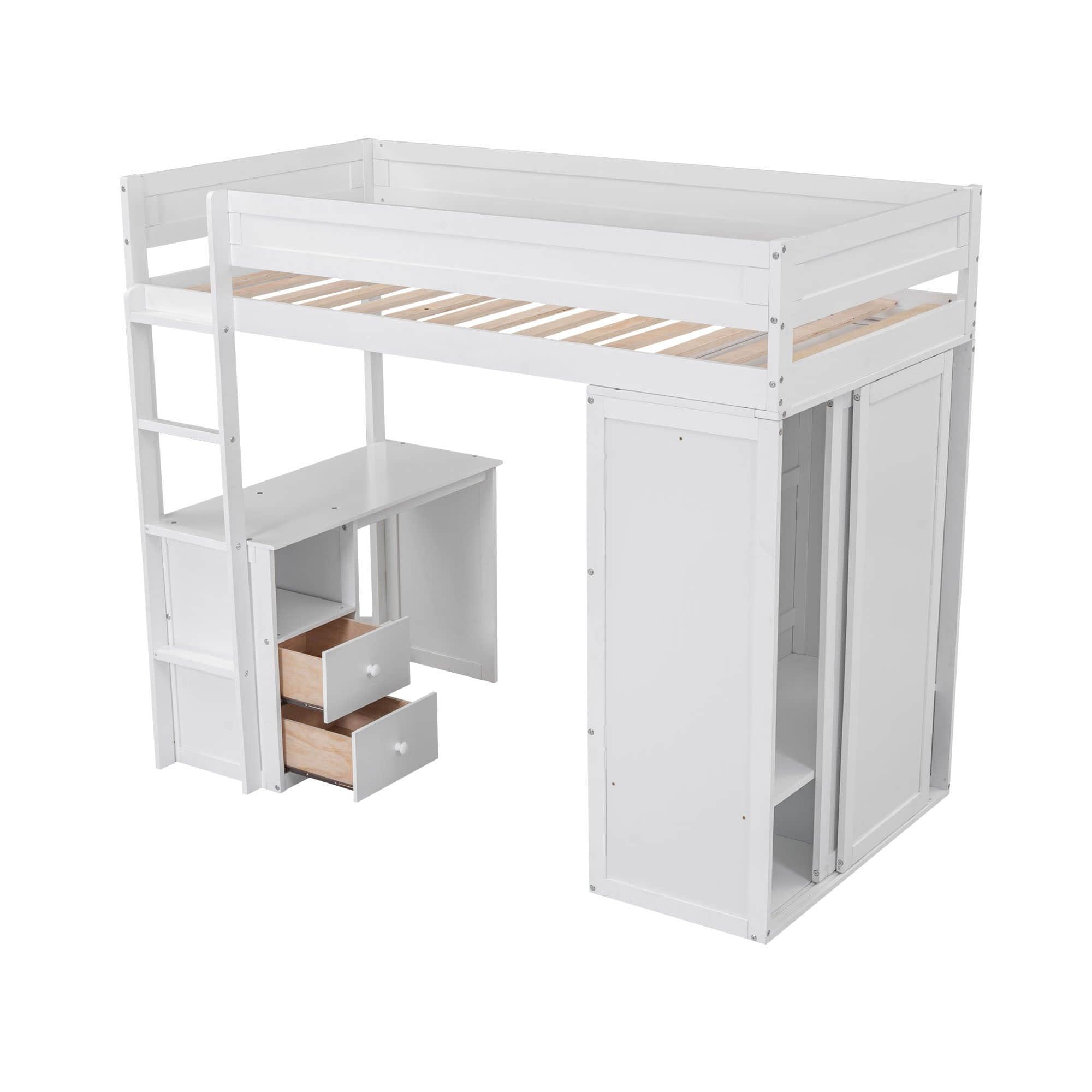 Twin Loft Bed with Desk and Storage Drawers, Wardrobe - [Wood, Cabinet]