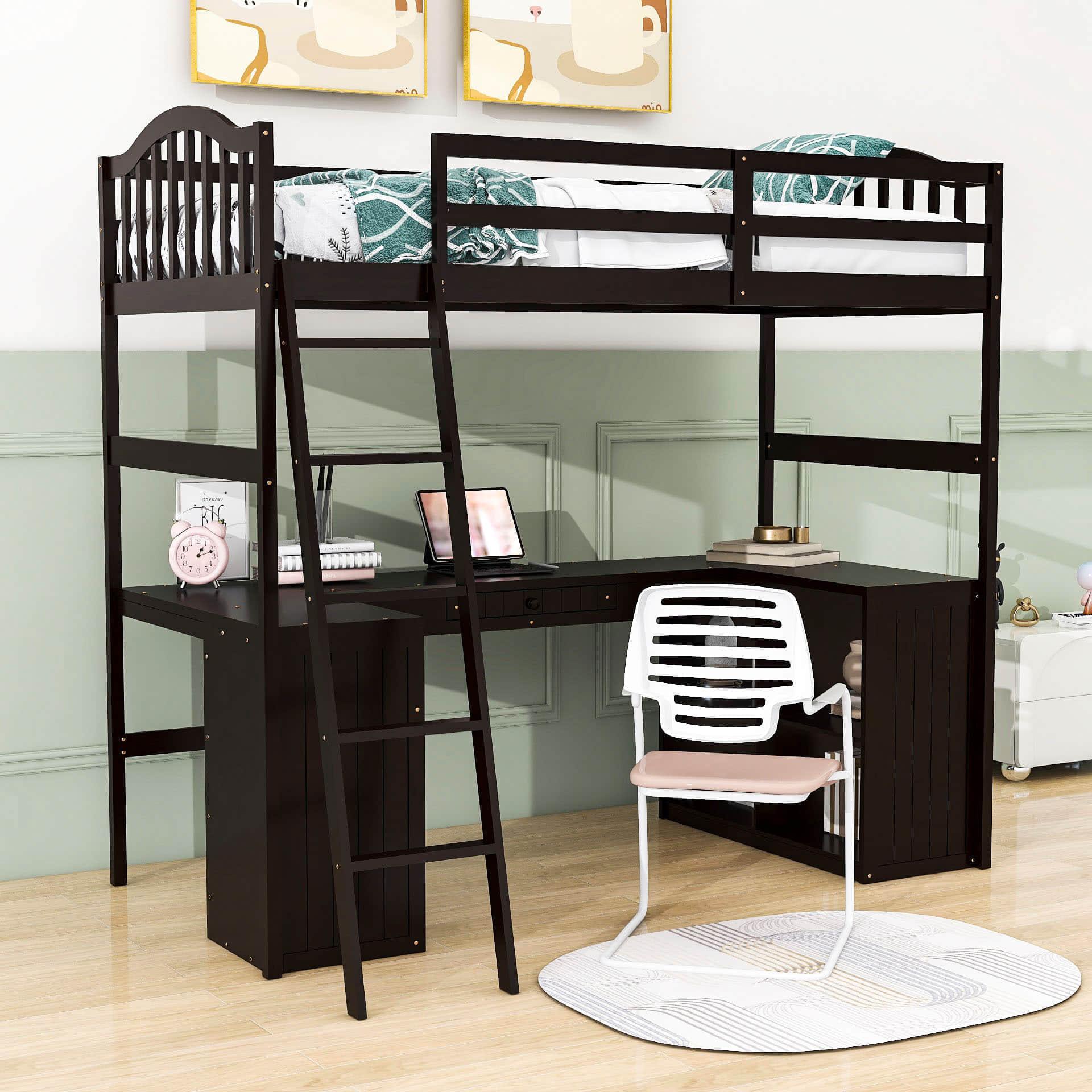 Twin High Loft Bed with Desk and Drawers, Shelves - [Cabinet, Ladder, Wood]