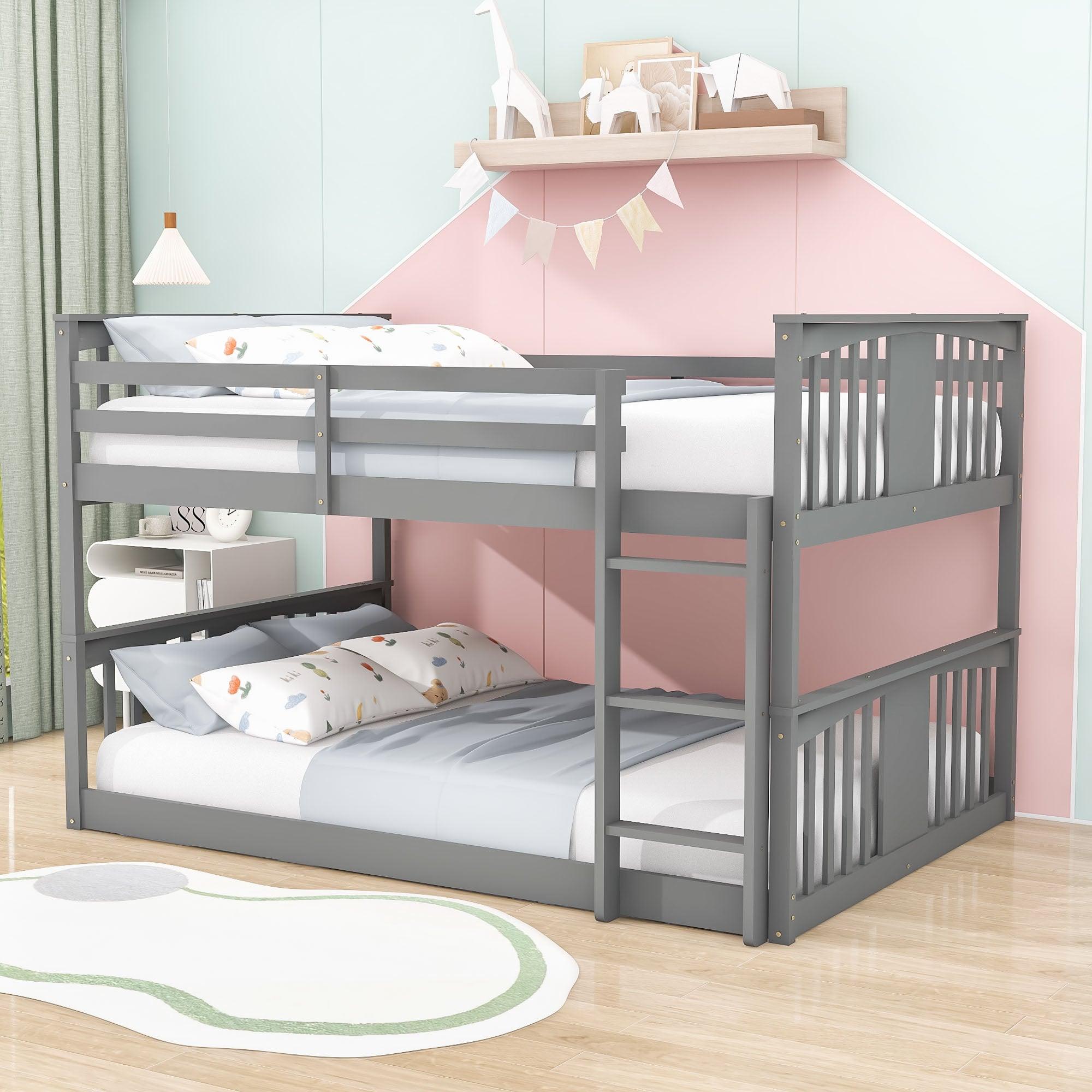 Wood Montessori Scandinavian Full Over Full Low Bunk Bed [Ladder, Guardrail]