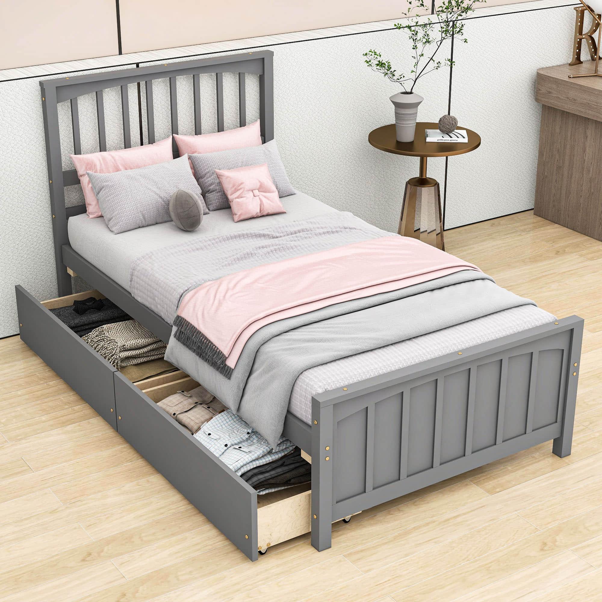 Wood Kids Storage Bed Frame with Headboard and Drawers