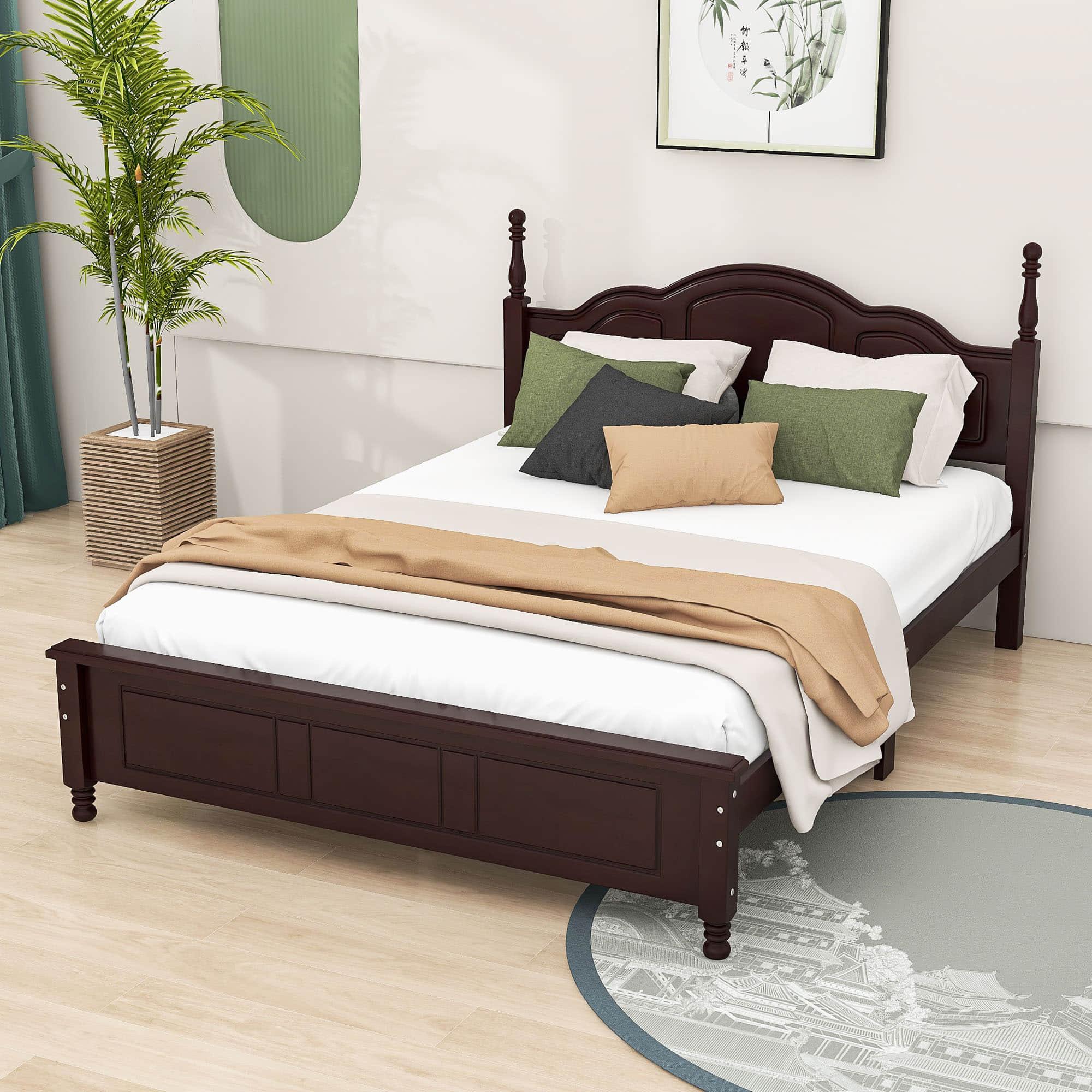 Wood Traditional Queen Size Platform Bed Frame with Headboard