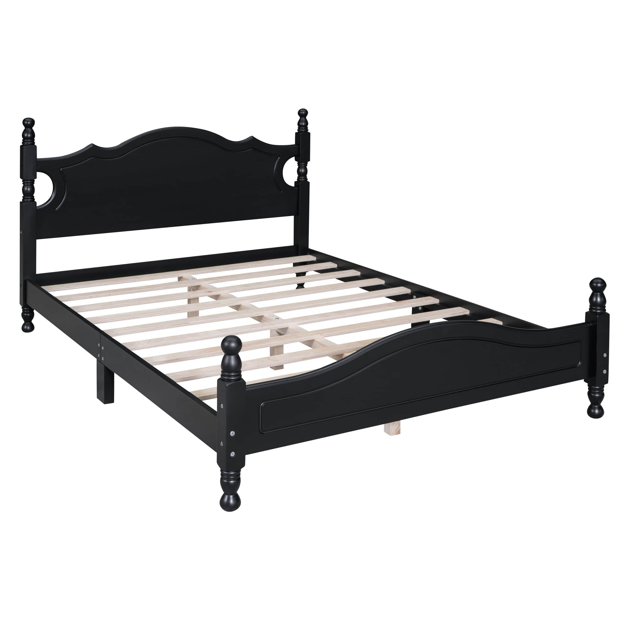 Traditional Full Size Low Profile Wood Platform Bed Frame with Headboard