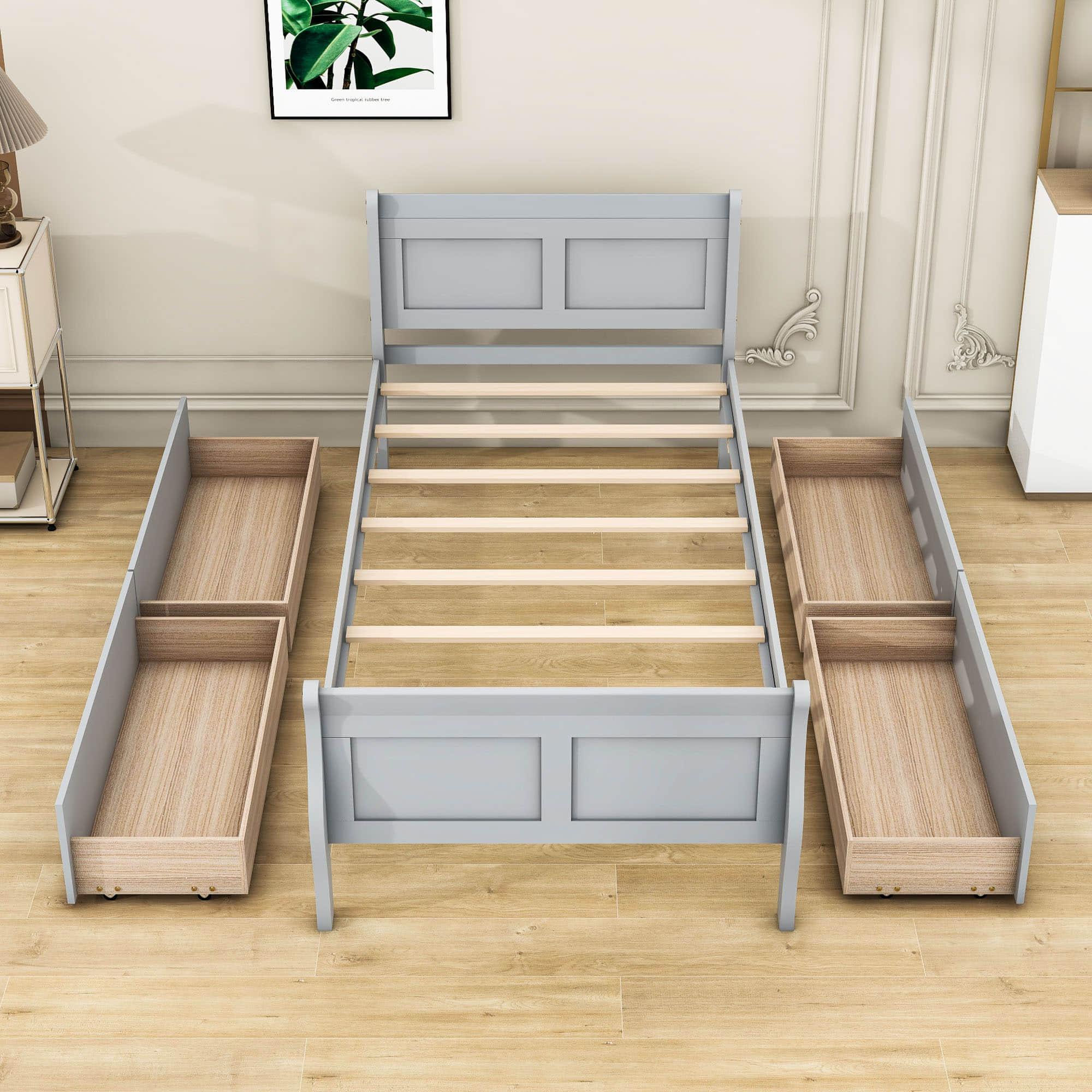 Wood Twin Sleigh Bed Frame with Headboard and Storage Drawers