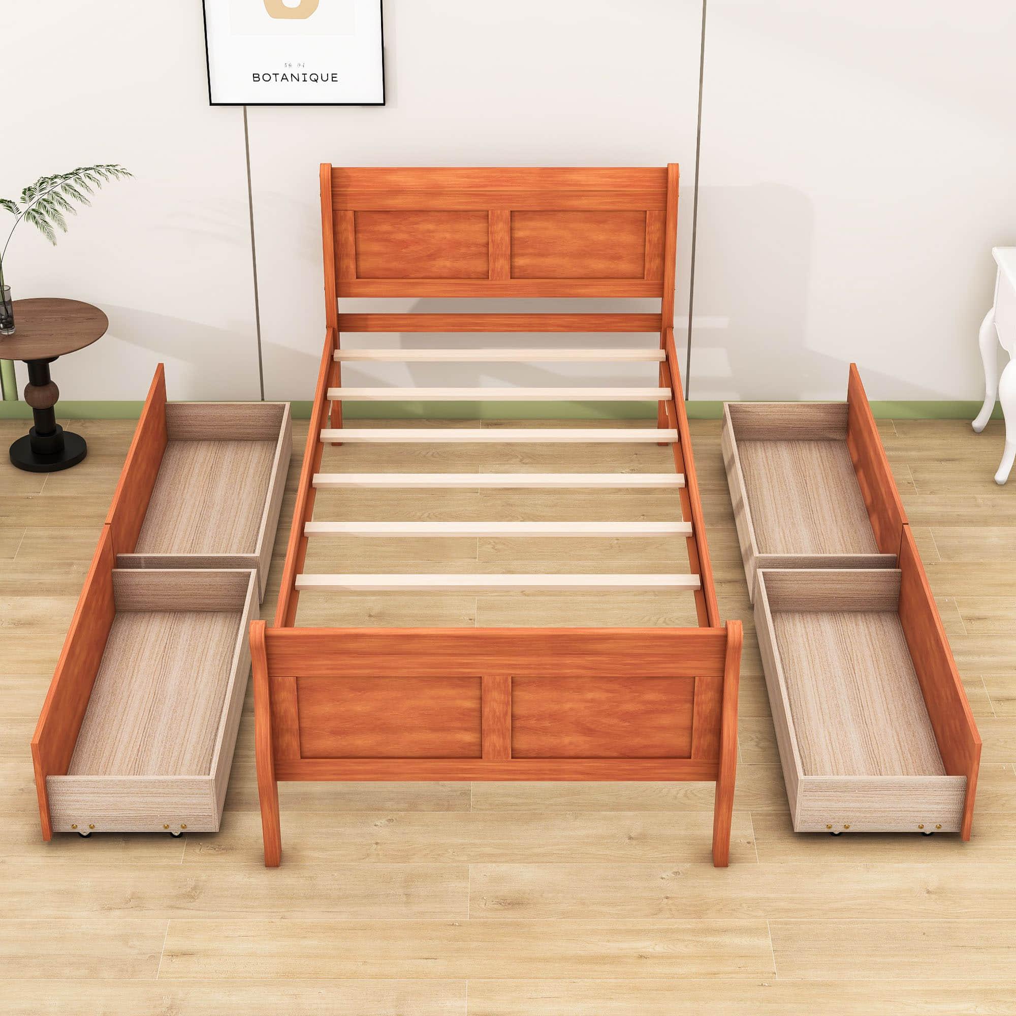 Wood Twin Sleigh Bed Frame with Headboard and Storage Drawers