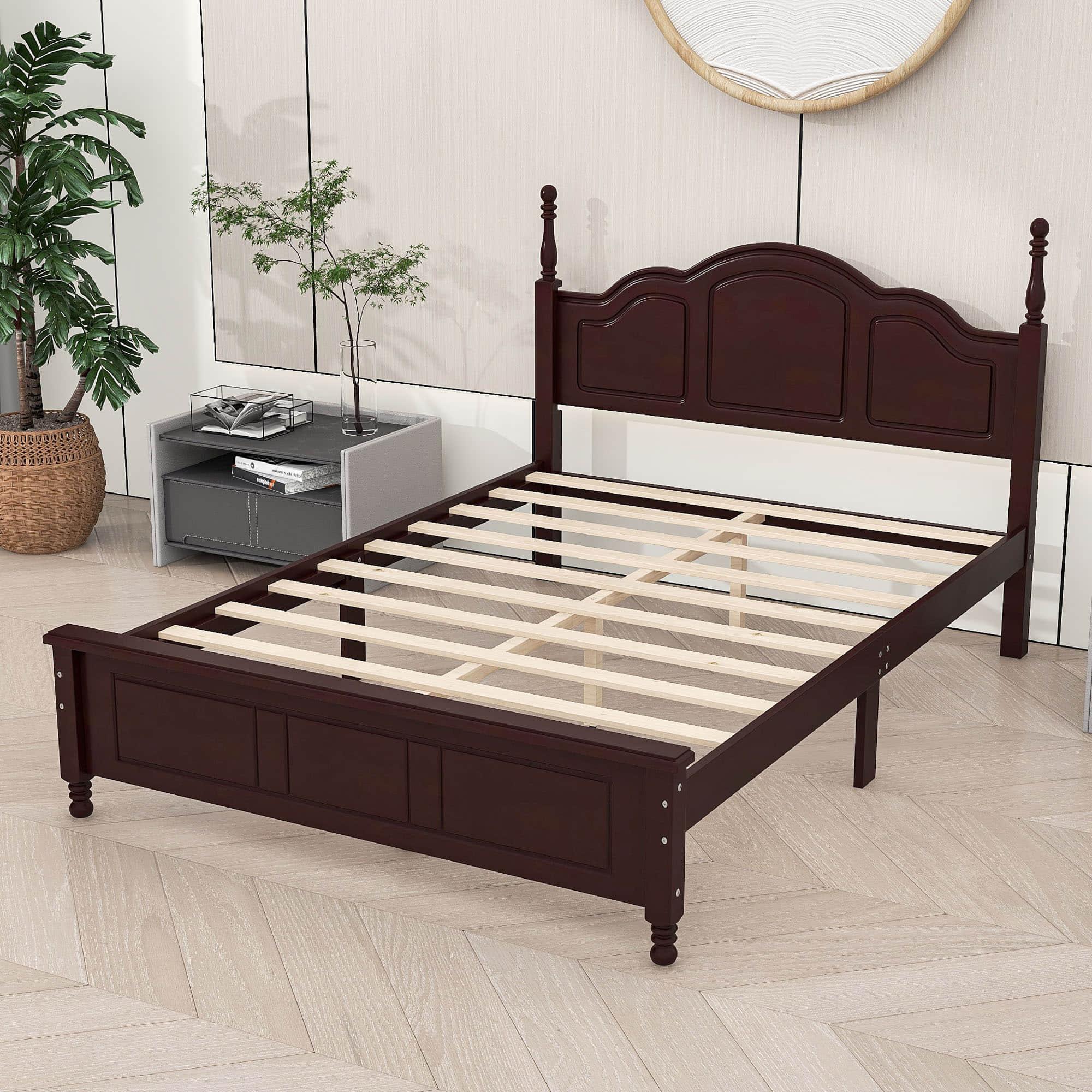 Wood Traditional Full Size Platform Bed Frame with Headboard