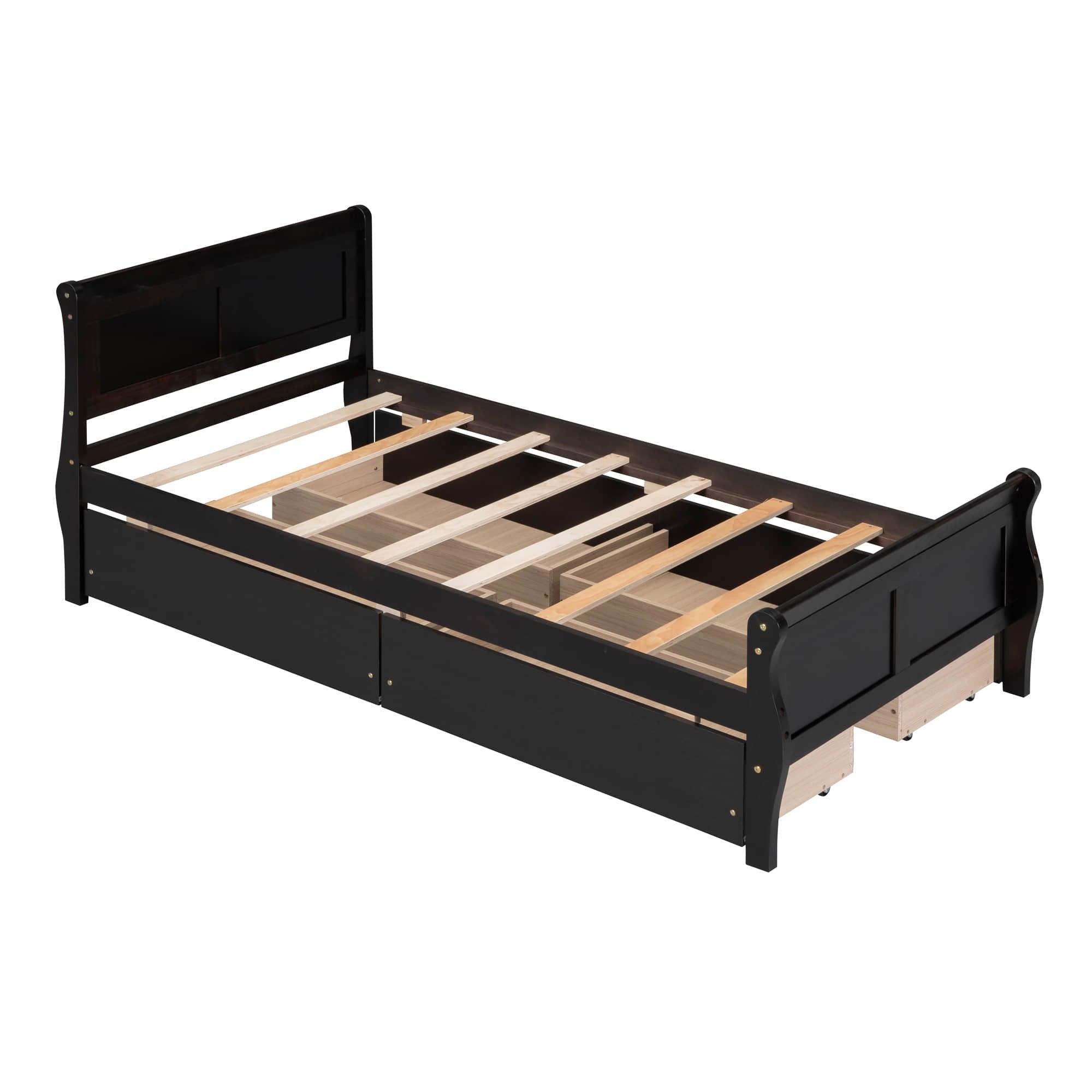 Wood Twin Sleigh Bed Frame with Headboard and Storage Drawers