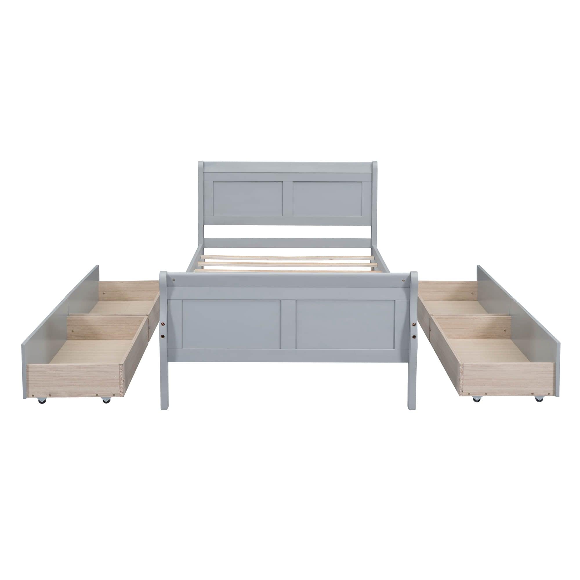 Wood Twin Sleigh Bed Frame with Headboard and Storage Drawers