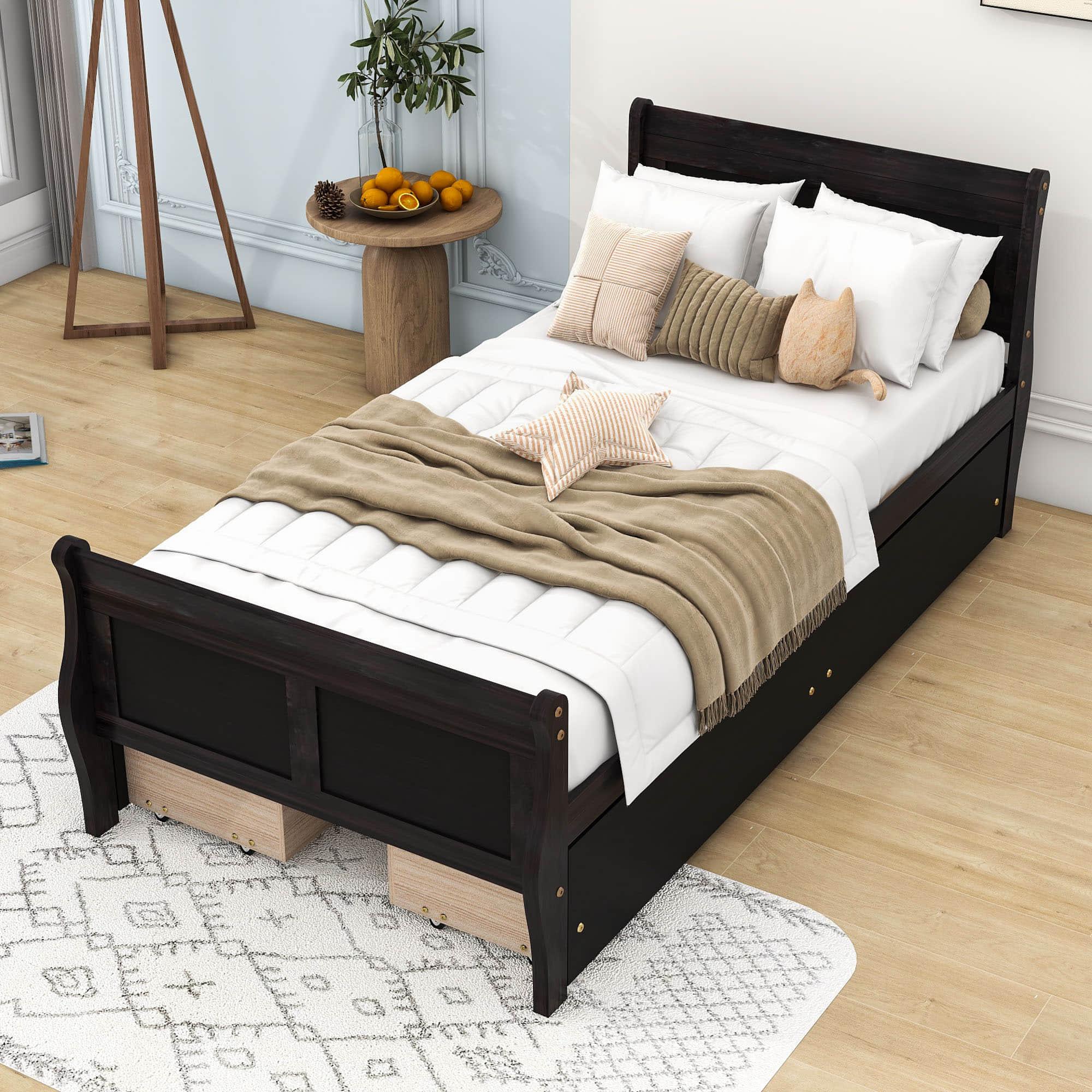 Wood Twin Sleigh Bed Frame with Headboard and Storage Drawers