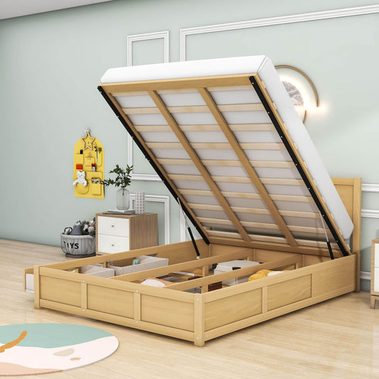 Wooden Queen Size Platform Bed with Hydraulic Storage System - [Natural, Drawers]