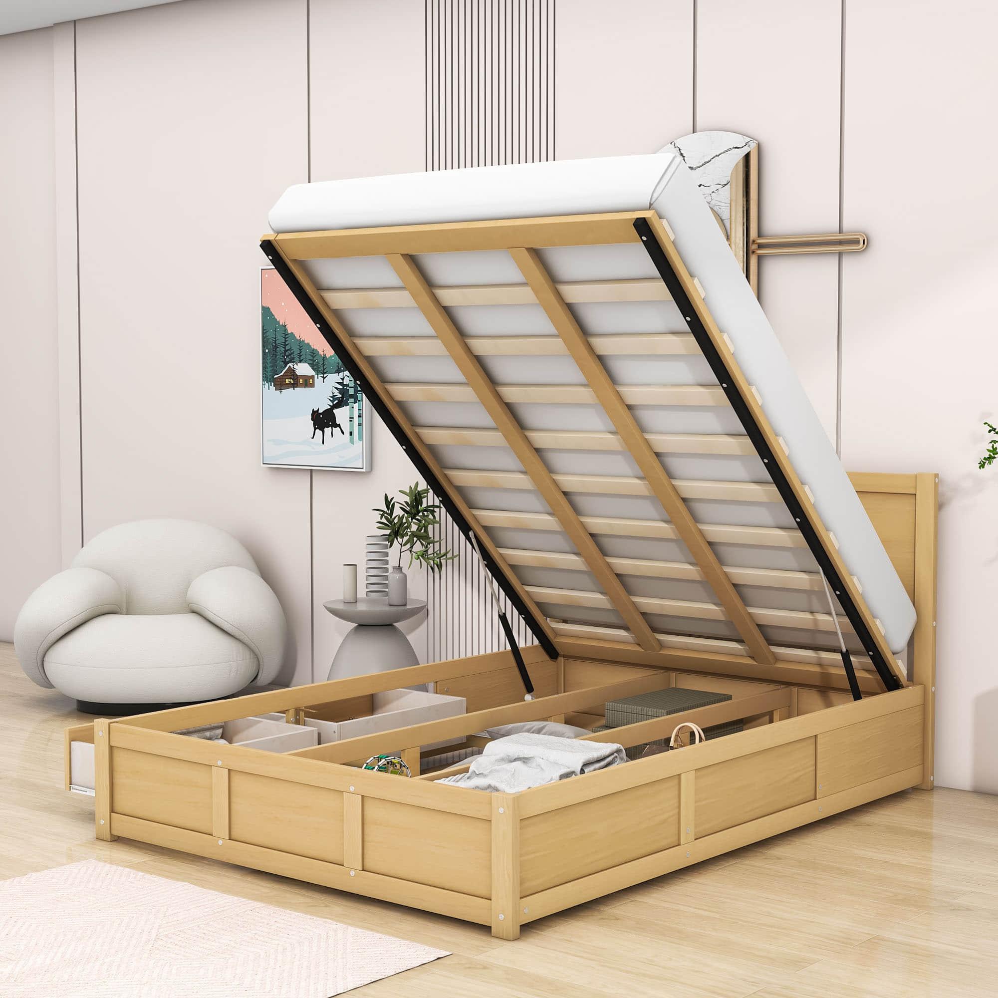 Wooden Full Size Platform Bed with Hydraulic Storage System - [Natural, Drawers]