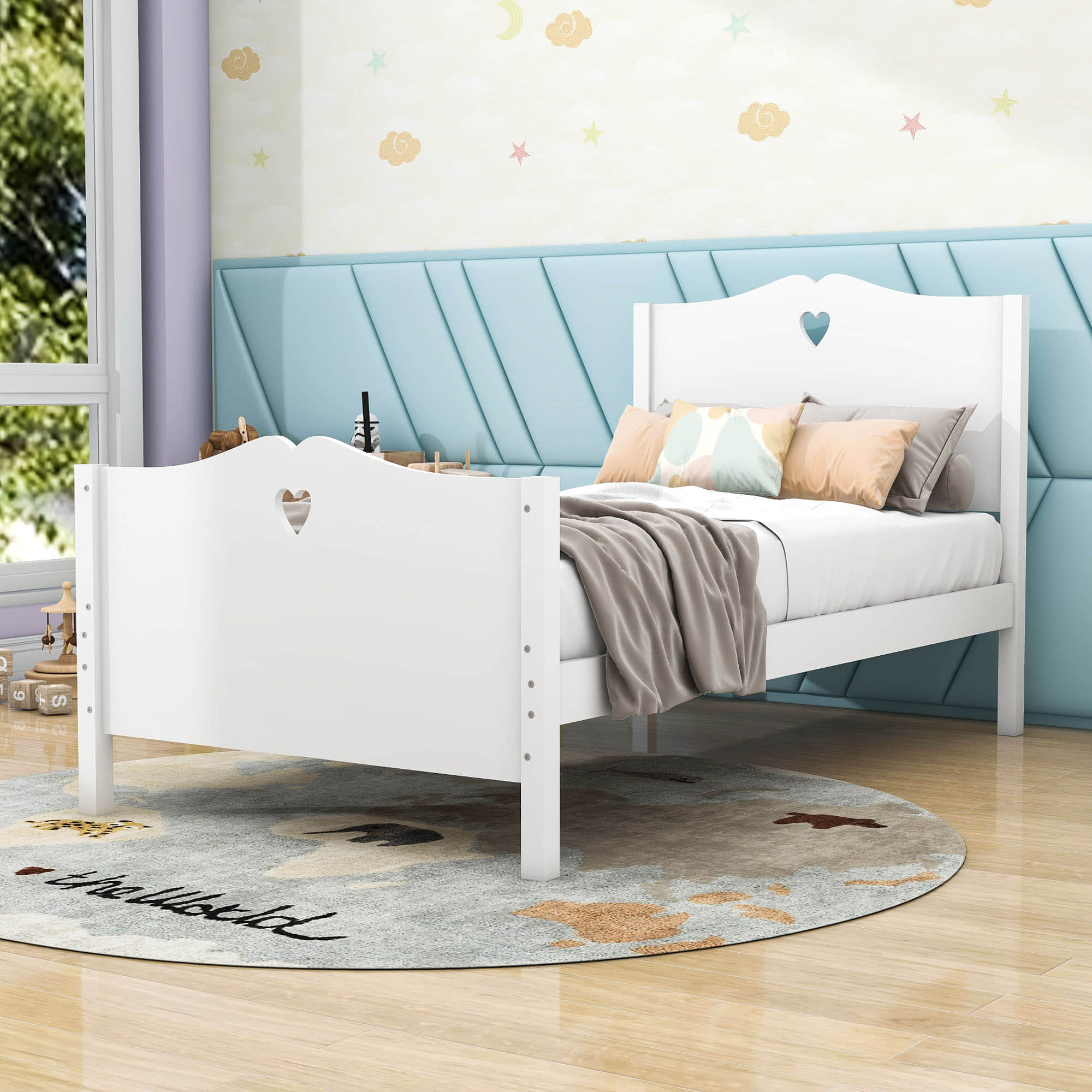 Wood Girls Twin Platform Bed with Headboard and Footboard