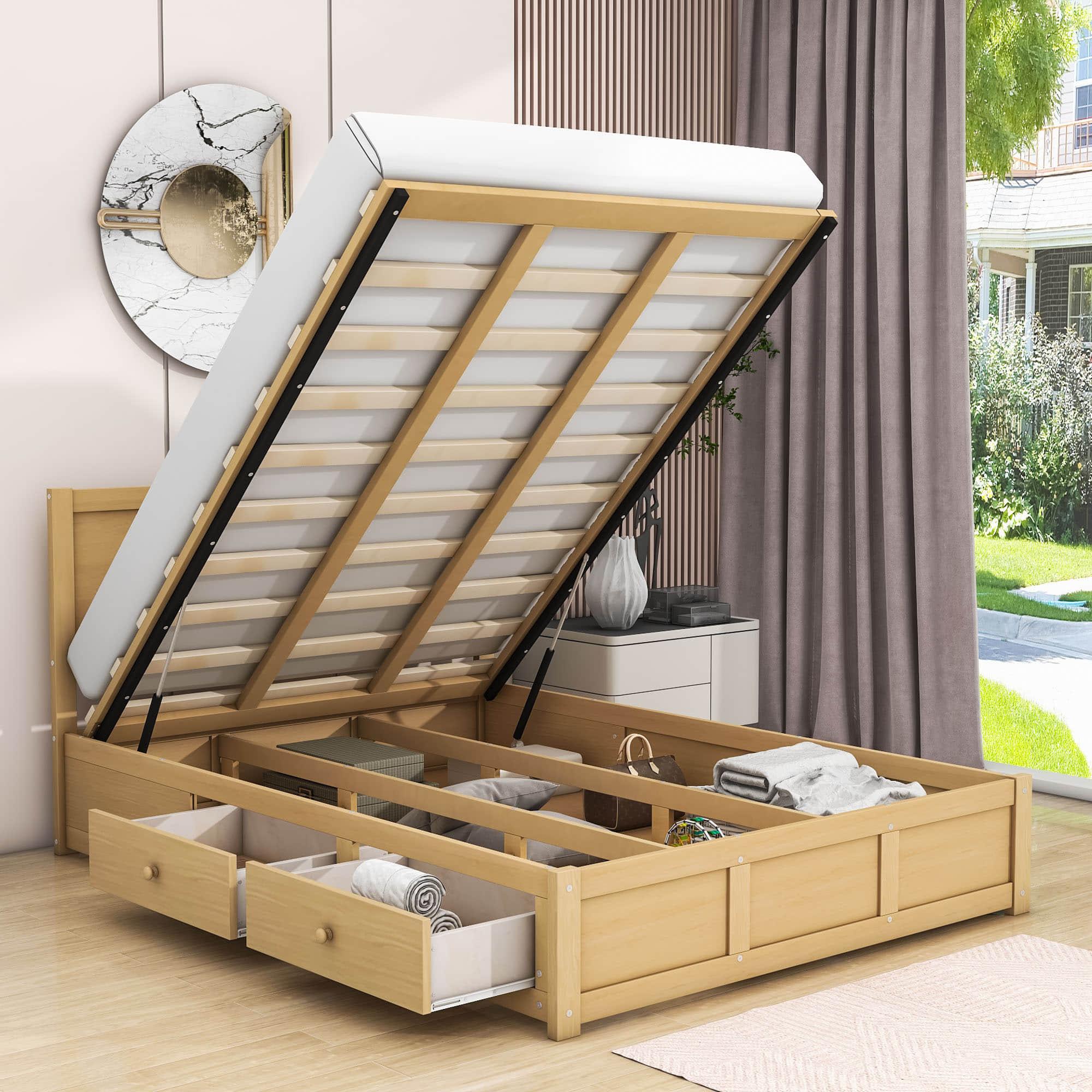 Wooden Full Size Platform Bed with Hydraulic Storage System - [Natural, Drawers]