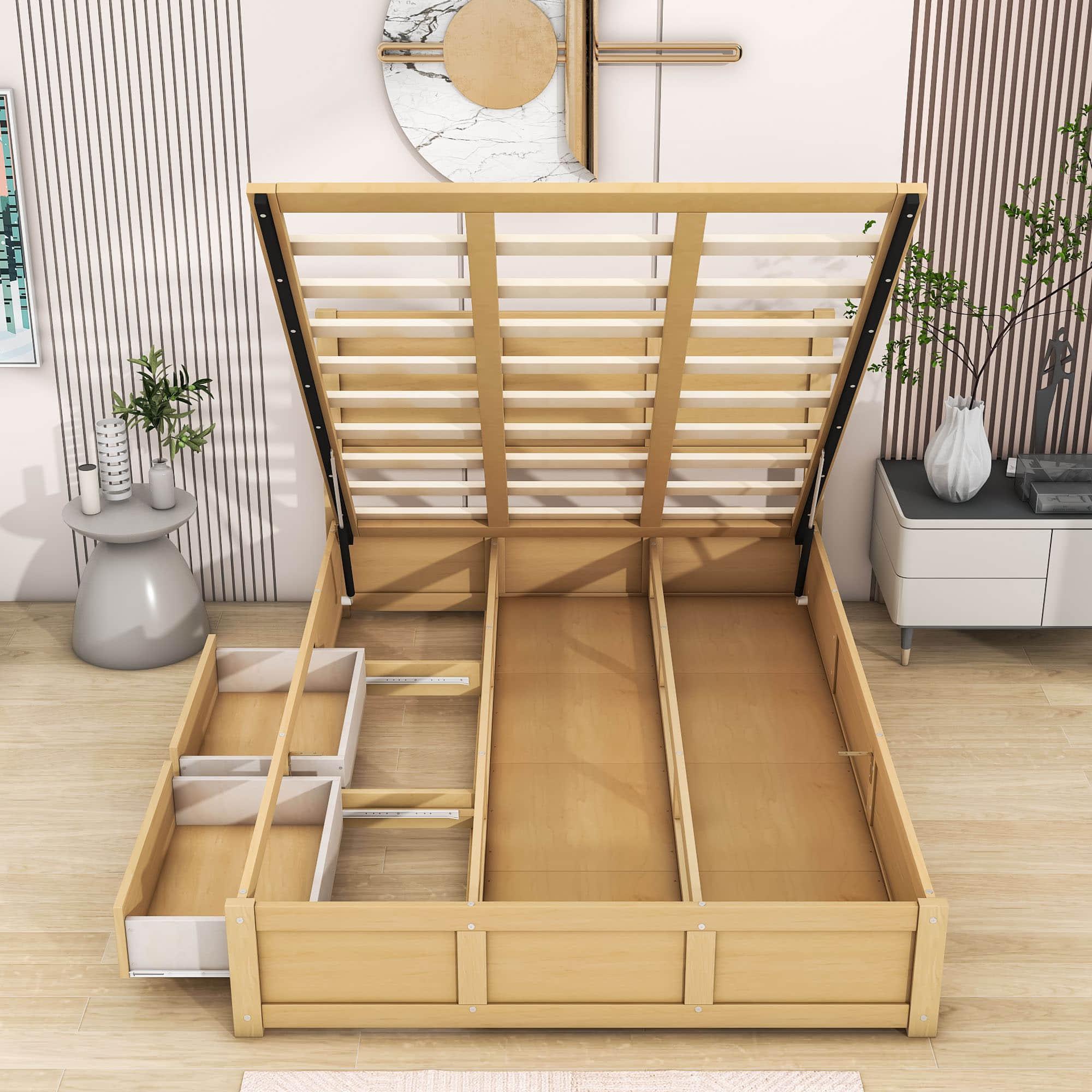 Wooden Full Size Platform Bed with Hydraulic Storage System - [Natural, Drawers]