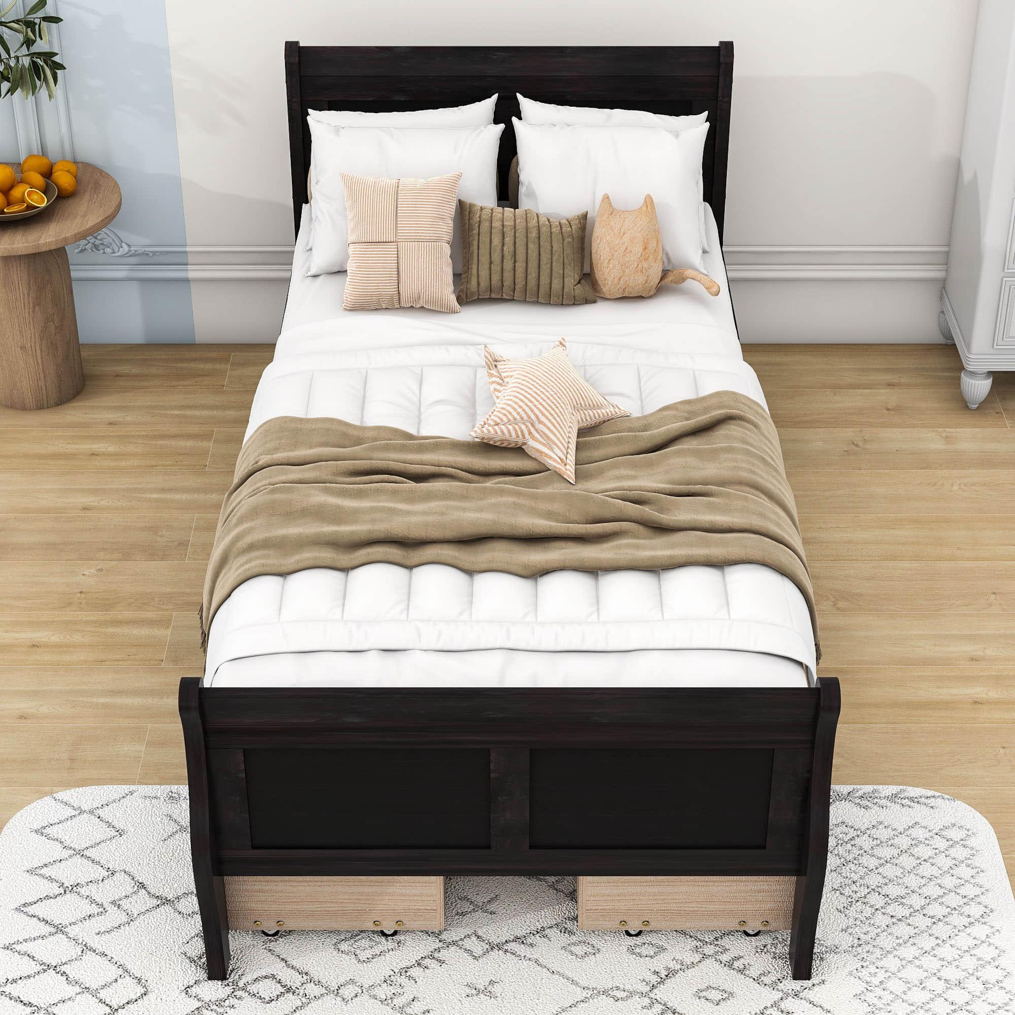 Wood Twin Sleigh Bed Frame with Headboard and Storage Drawers