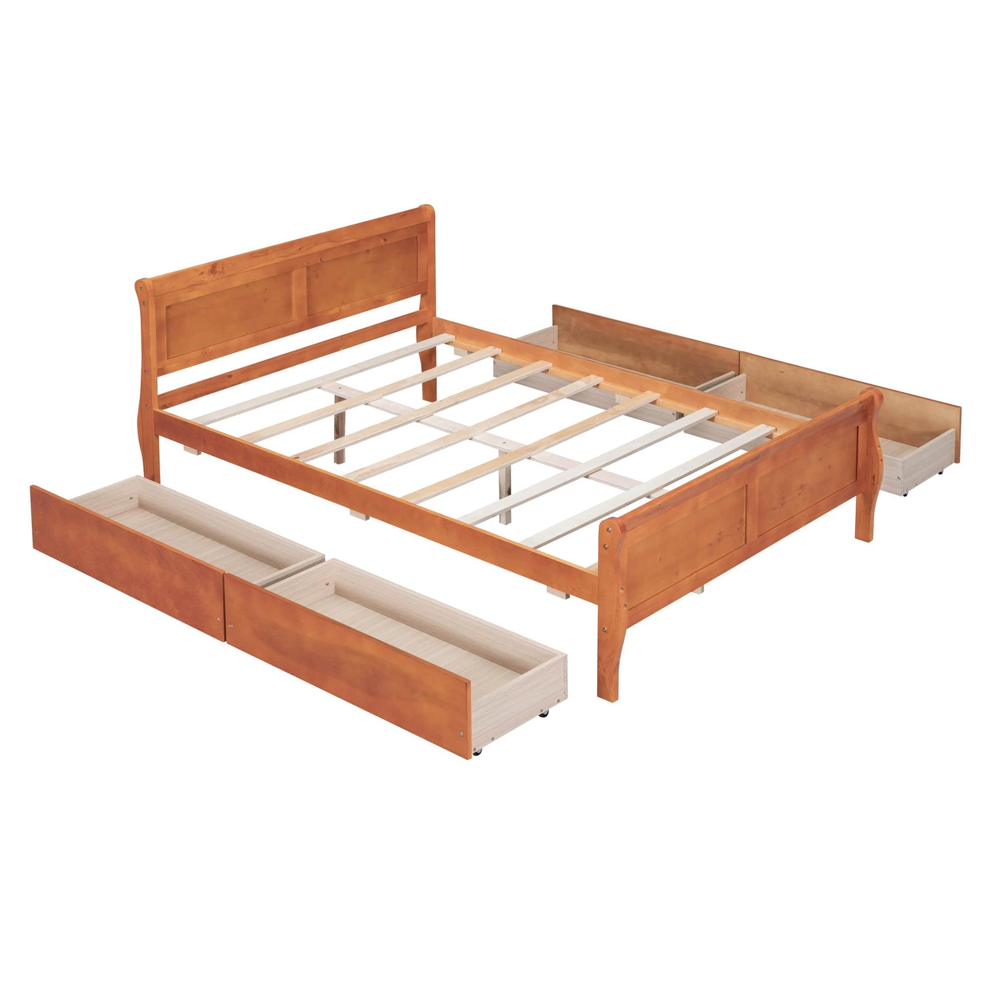 Wood Full Size Sleigh Bed Frame with Headboard and Storage Drawers