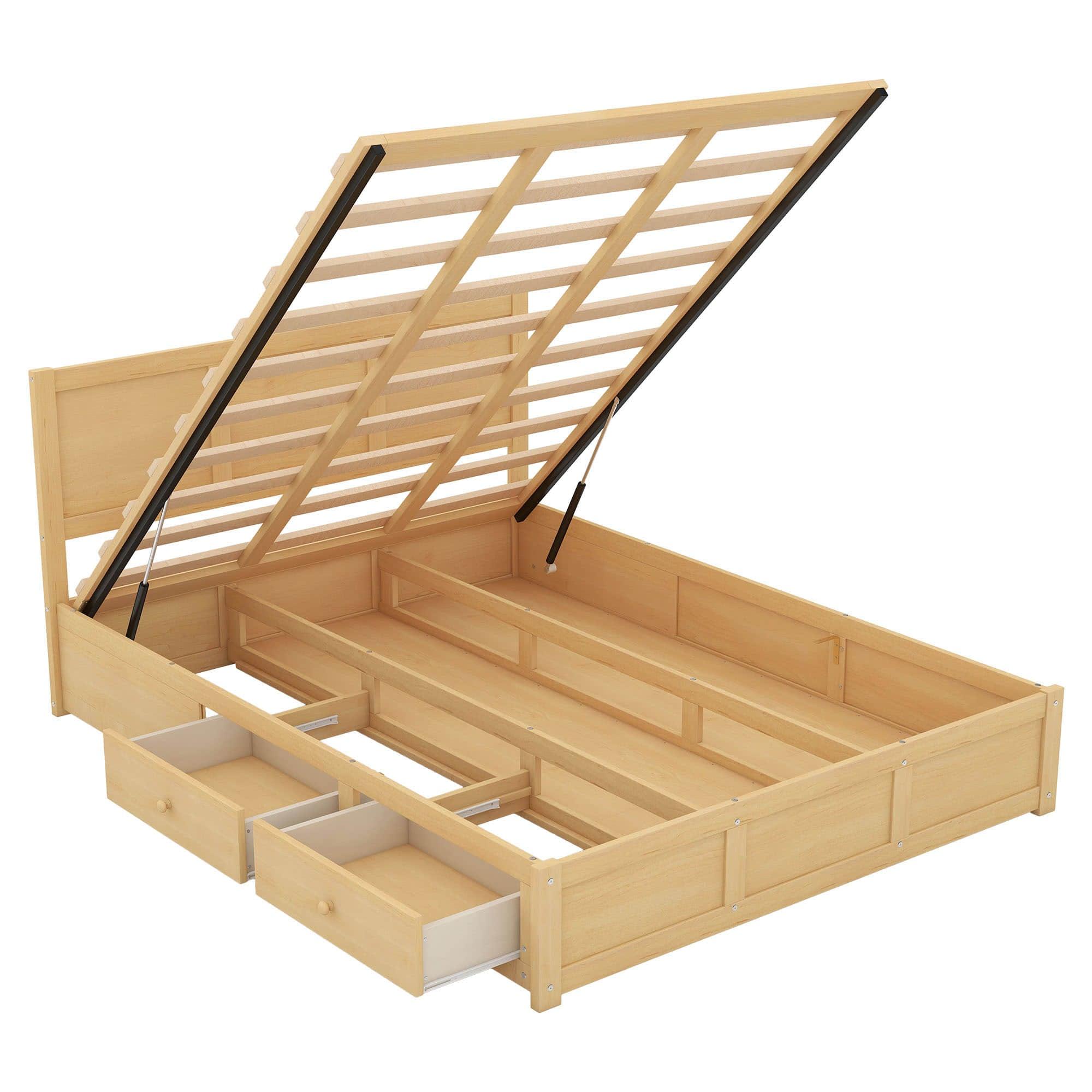 Wooden Queen Size Platform Bed with Hydraulic Storage System - [Natural, Drawers]