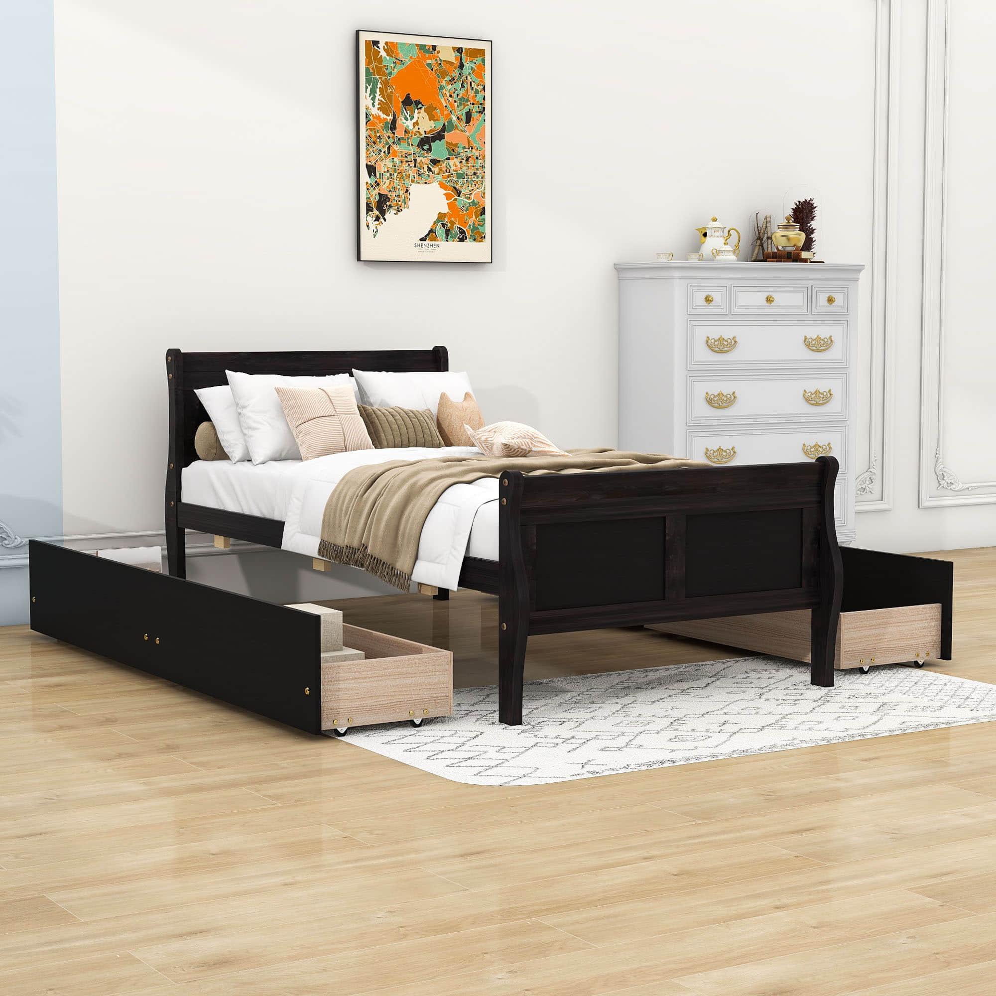 Wood Twin Sleigh Bed Frame with Headboard and Storage Drawers