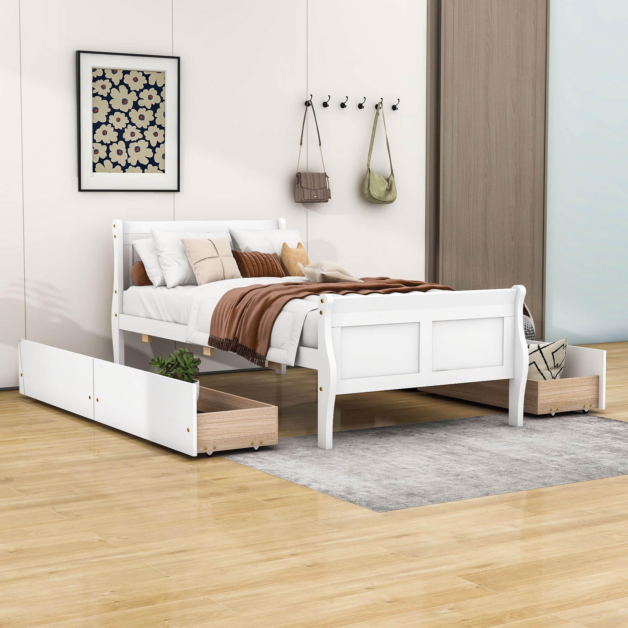 Wood Twin Sleigh Bed Frame with Headboard and Storage Drawers