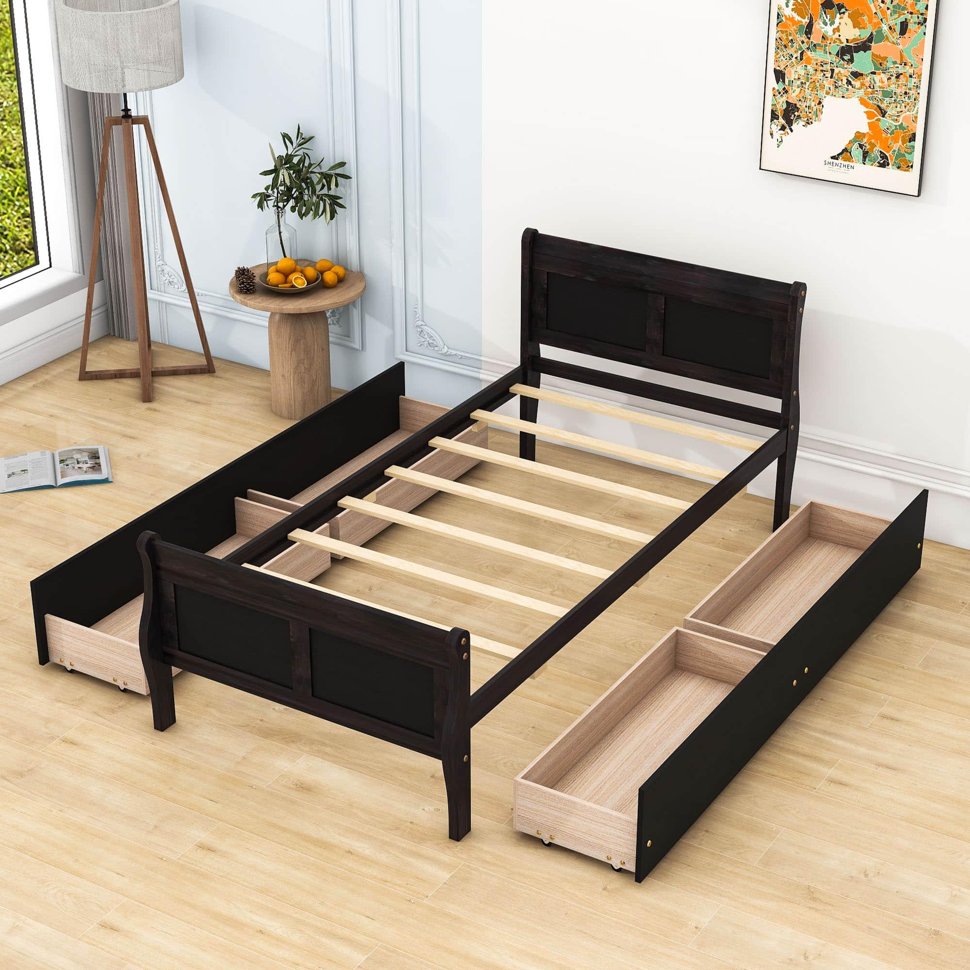 Wood Twin Sleigh Bed Frame with Headboard and Storage Drawers