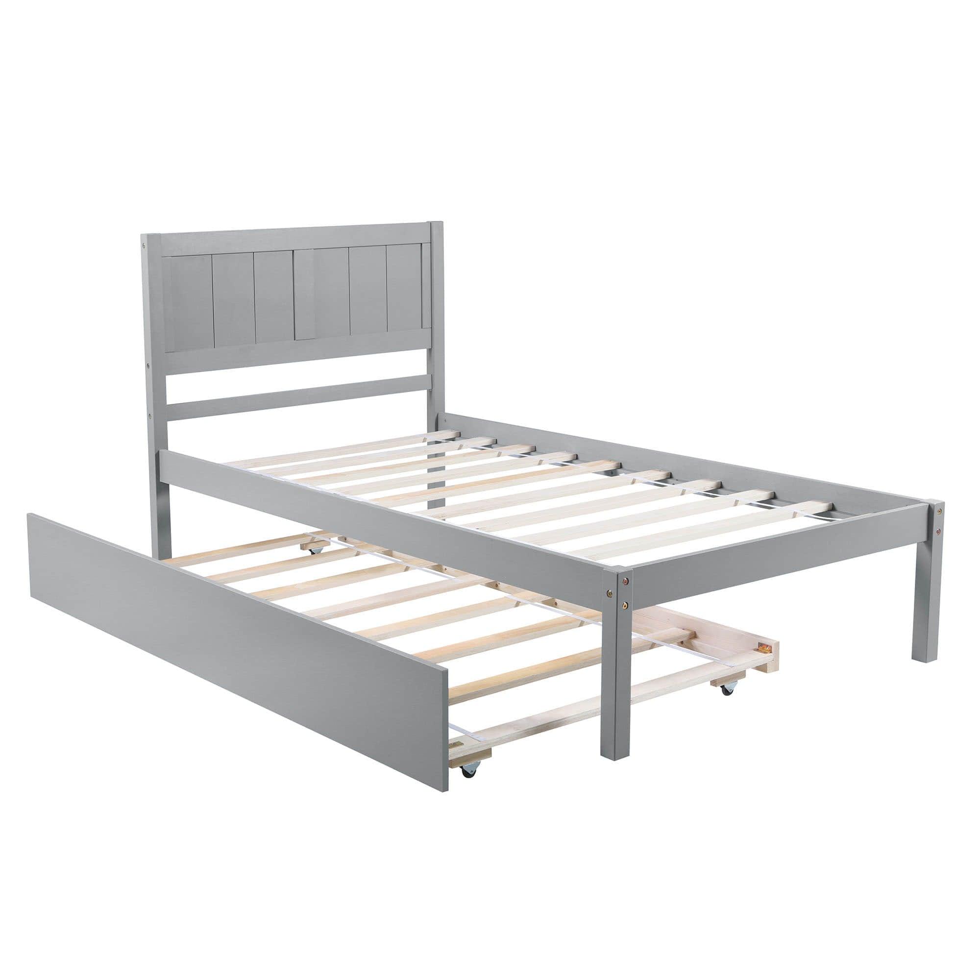 Wooden Twin Platform Bed with Twin Trundle and Headboard