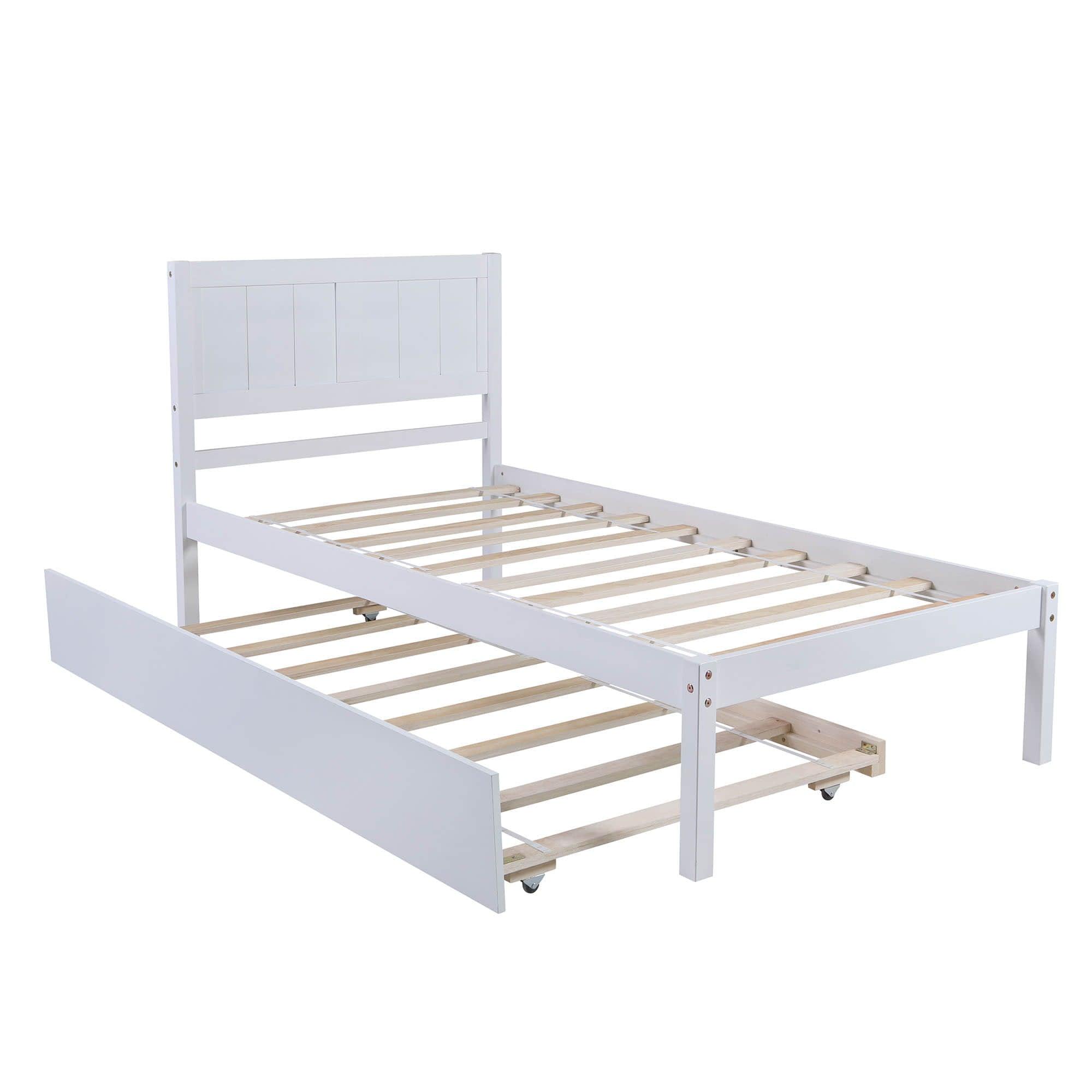 Wooden Twin Platform Bed with Twin Trundle and Headboard