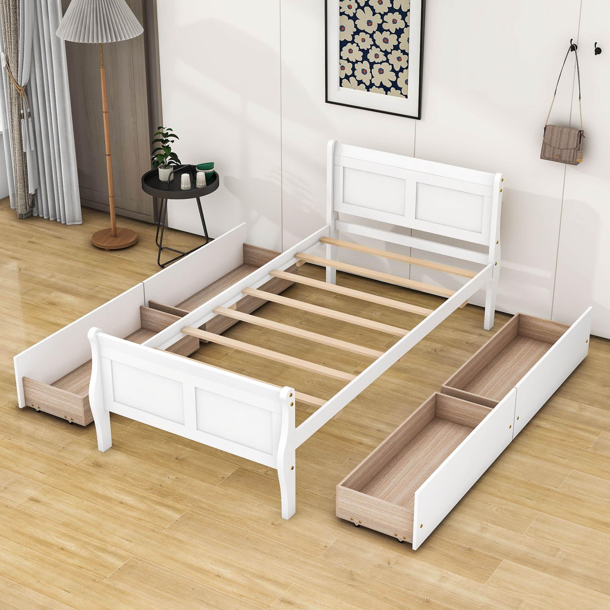 Wood Twin Sleigh Bed Frame with Headboard and Storage Drawers