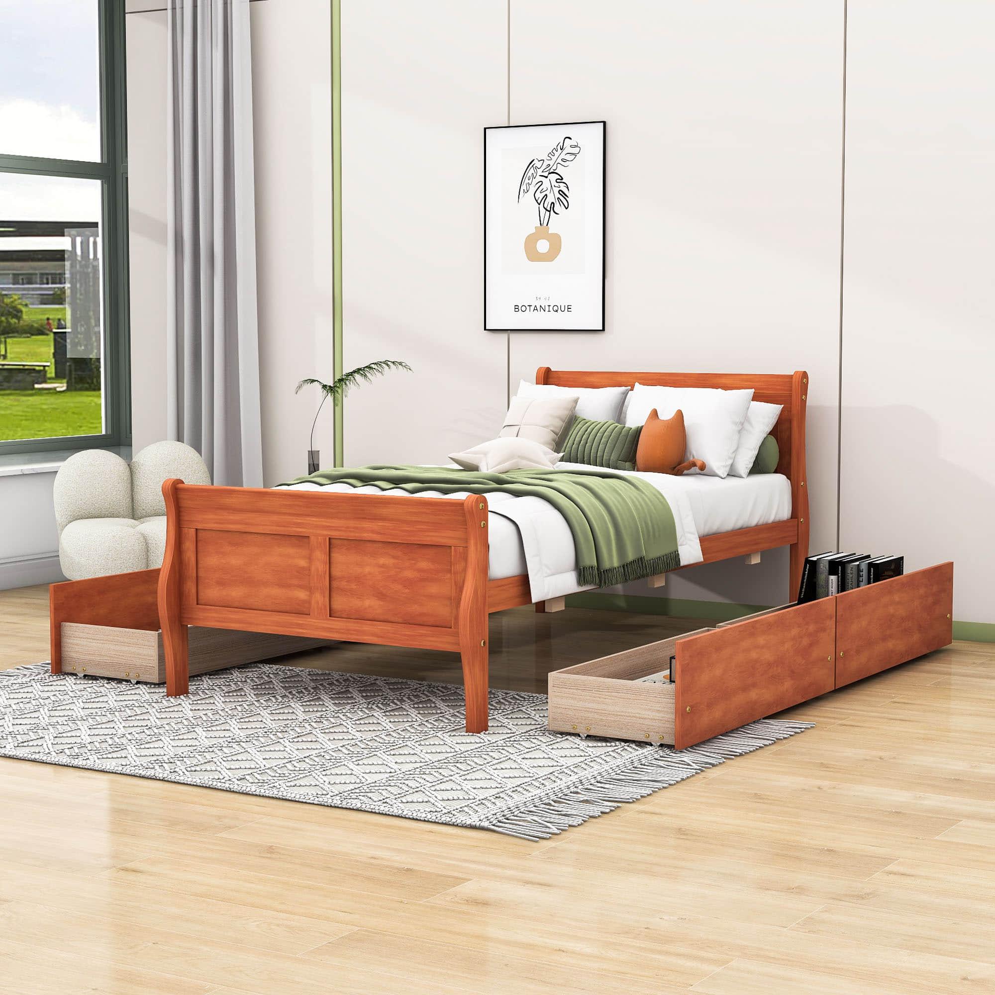 Wood Twin Sleigh Bed Frame with Headboard and Storage Drawers