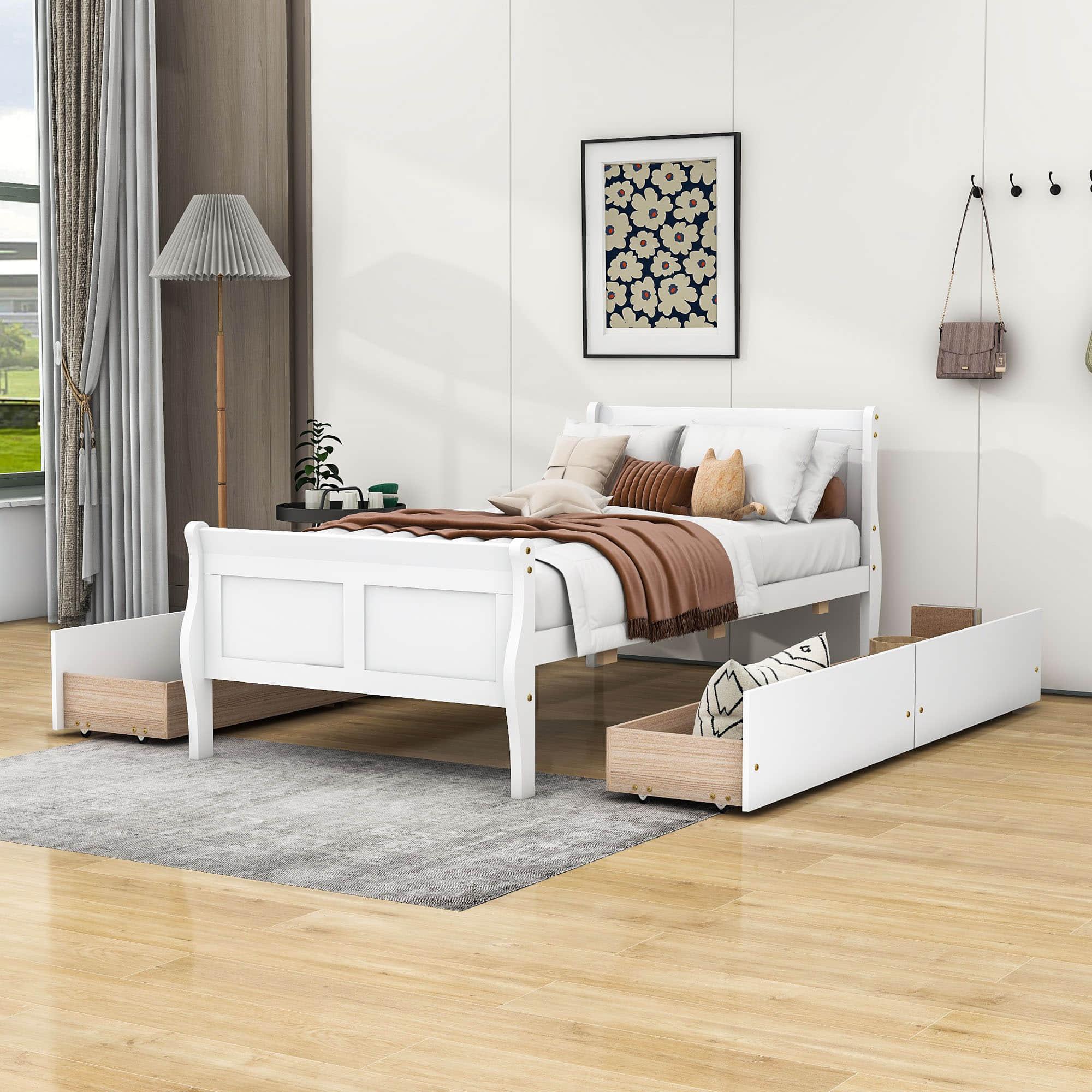 Wood Twin Sleigh Bed Frame with Headboard and Storage Drawers