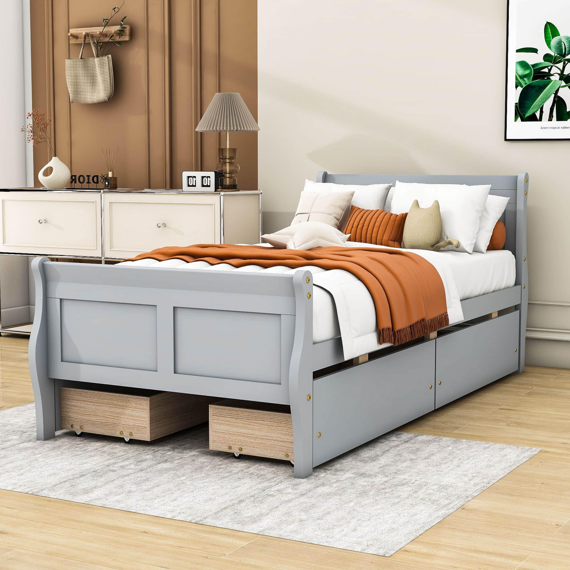 Wood Twin Sleigh Bed Frame with Headboard and Storage Drawers