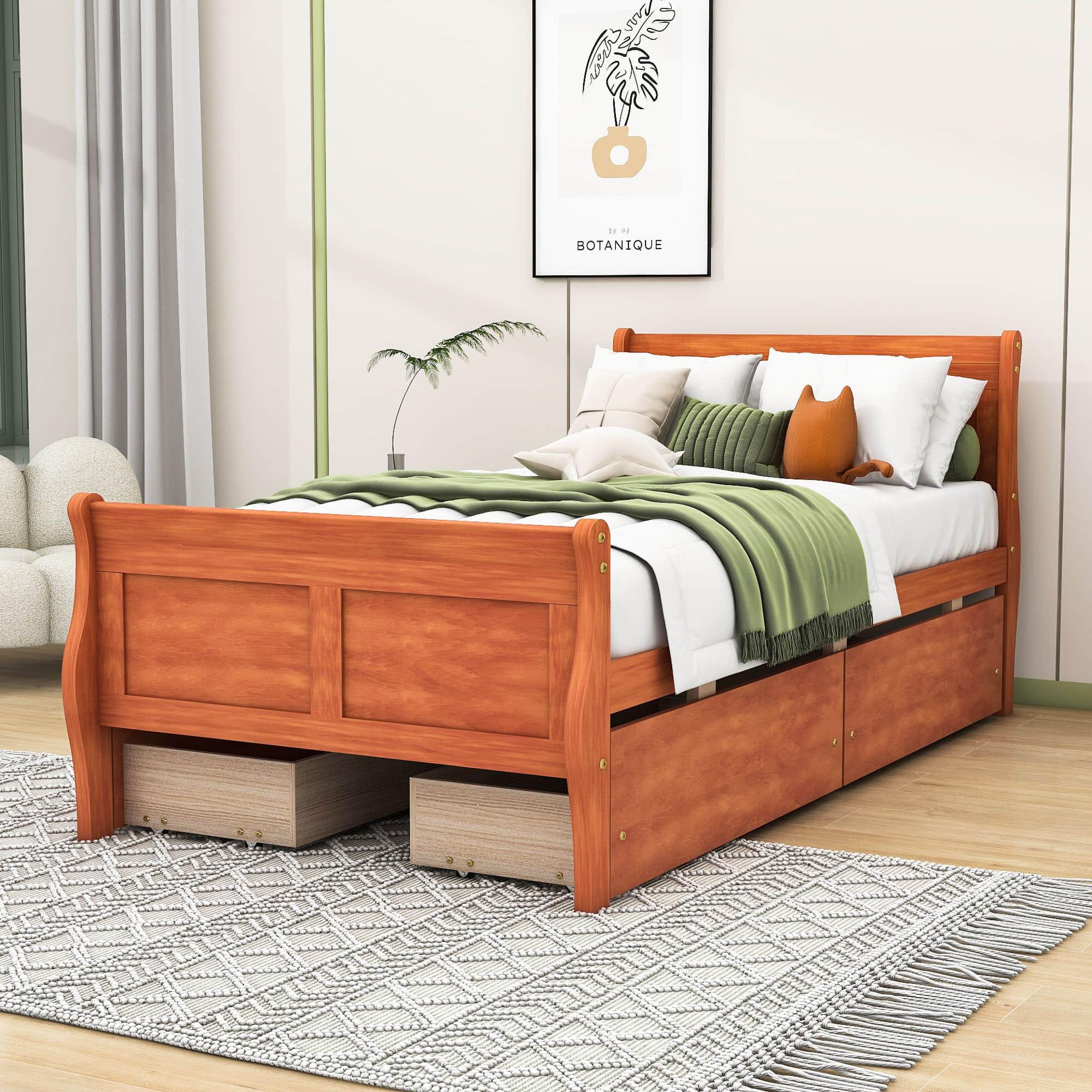 Wood Twin Sleigh Bed Frame with Headboard and Storage Drawers