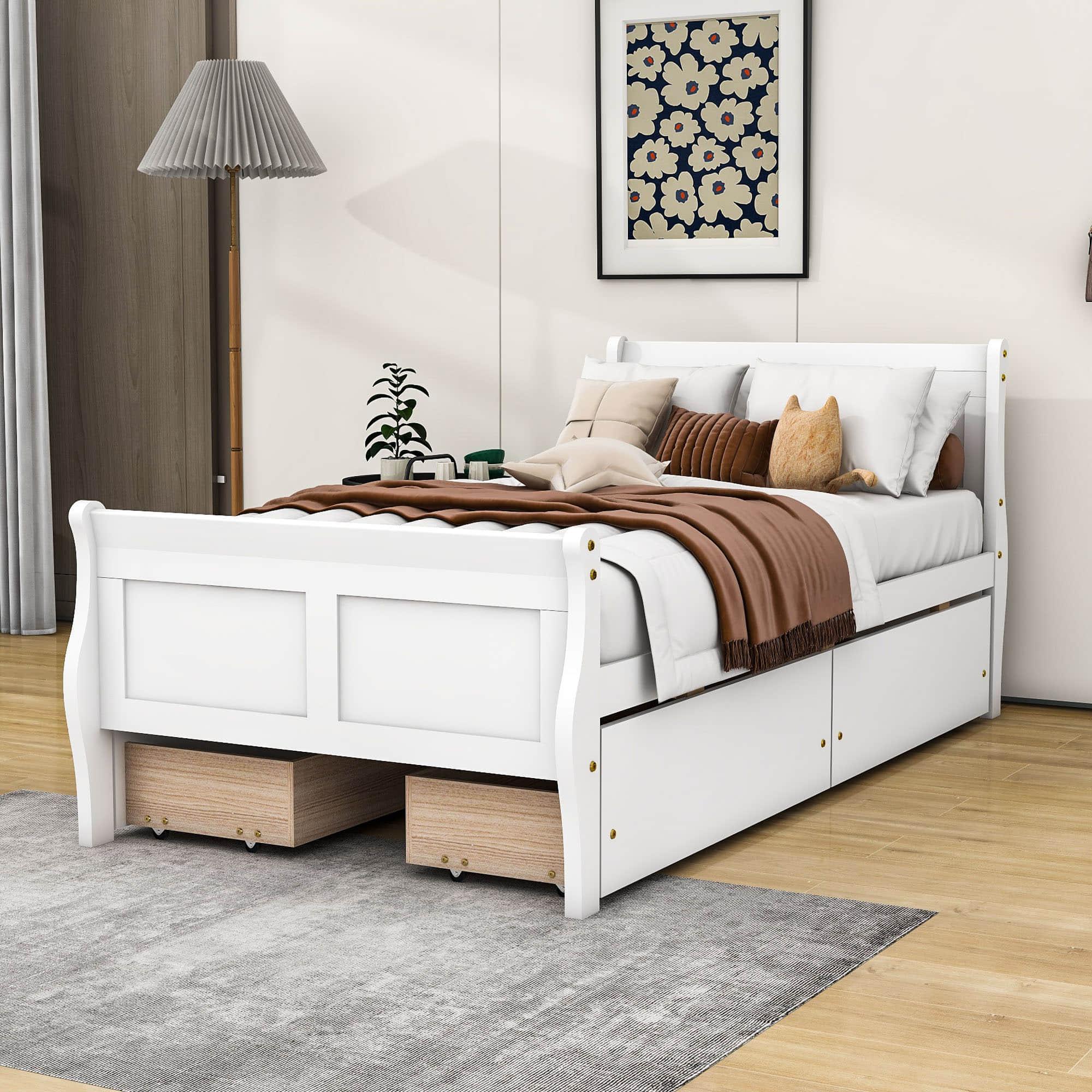 Wood Twin Sleigh Bed Frame with Headboard and Storage Drawers