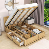 Wooden Full Size Platform Bed with Hydraulic Storage System - [Natural, Drawers]