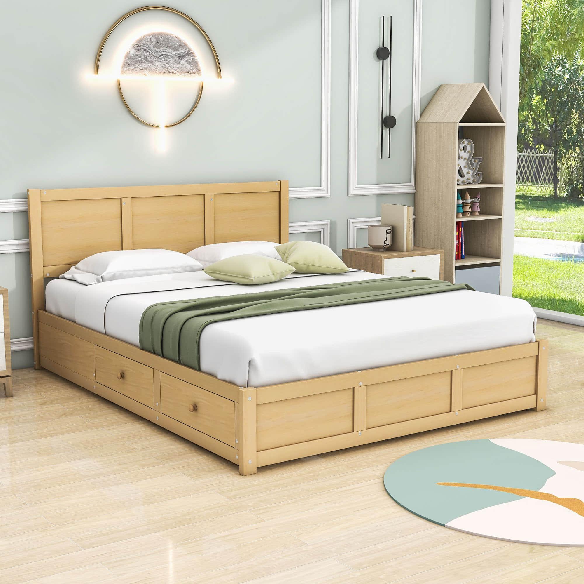 Wooden Queen Size Platform Bed with Hydraulic Storage System - [Natural, Drawers]