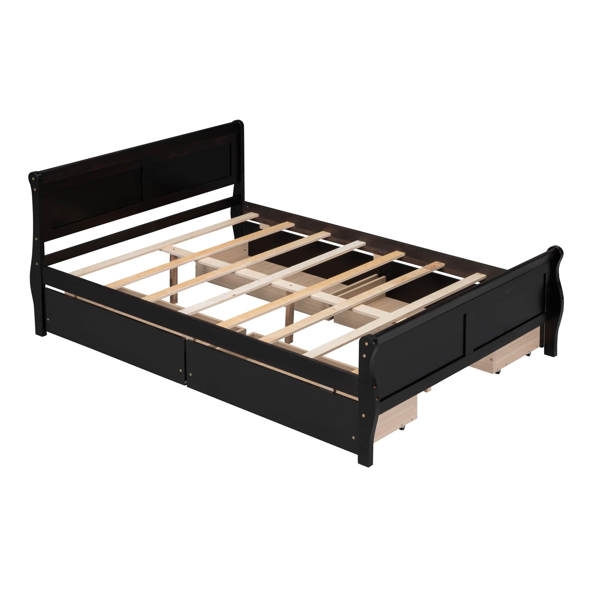 Wood Full Size Sleigh Bed Frame with Headboard and Storage Drawers