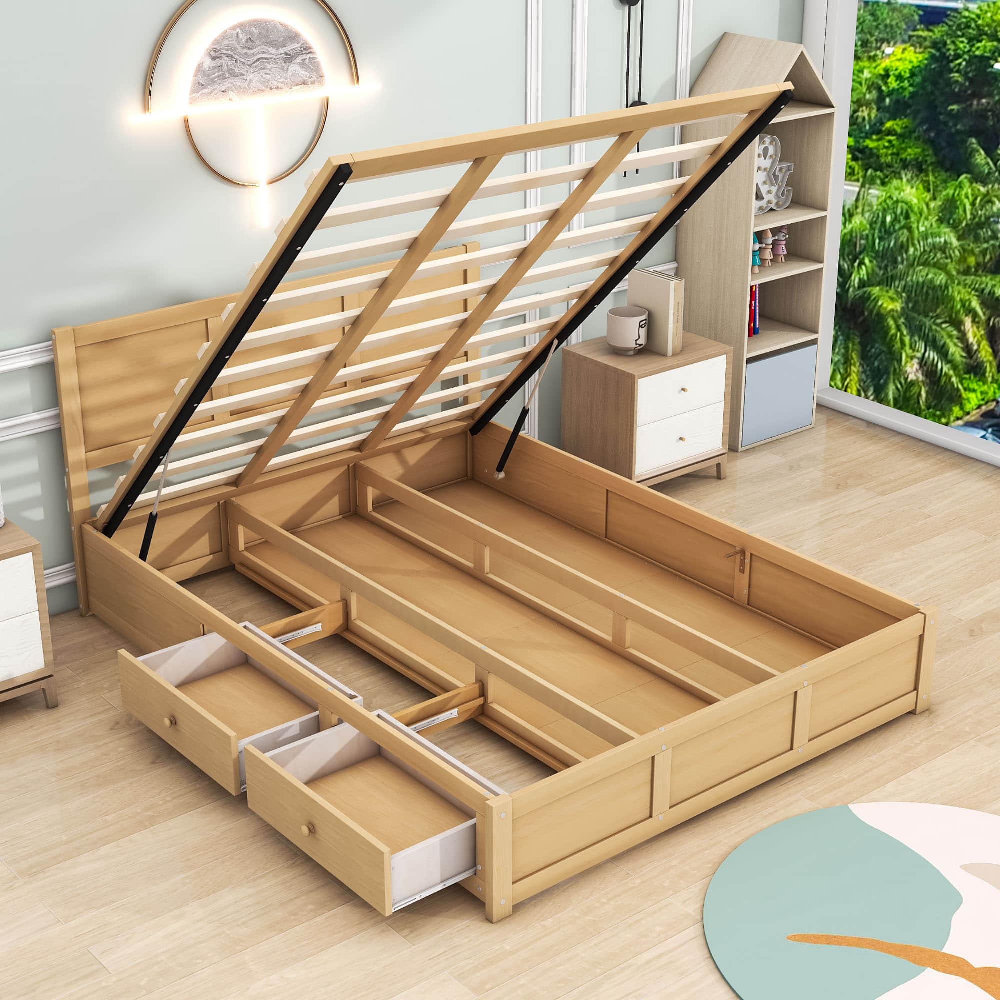 Wooden Queen Size Platform Bed with Hydraulic Storage System - [Natural, Drawers]