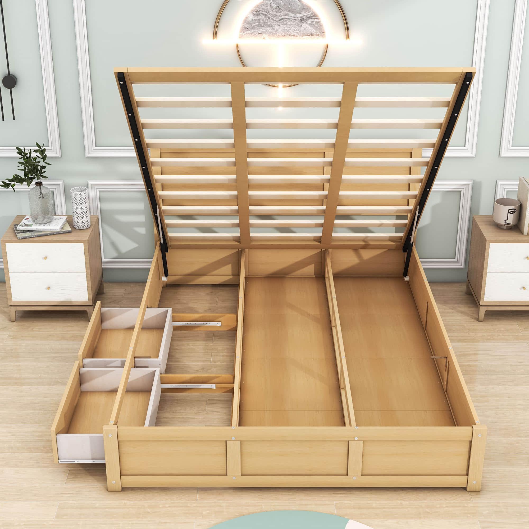 Wooden Queen Size Platform Bed with Hydraulic Storage System - [Natural, Drawers]