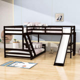 Wood Twin Over Full L-Shaped Low Bunk Bed with Twin Loft Bed with Desk and Slide