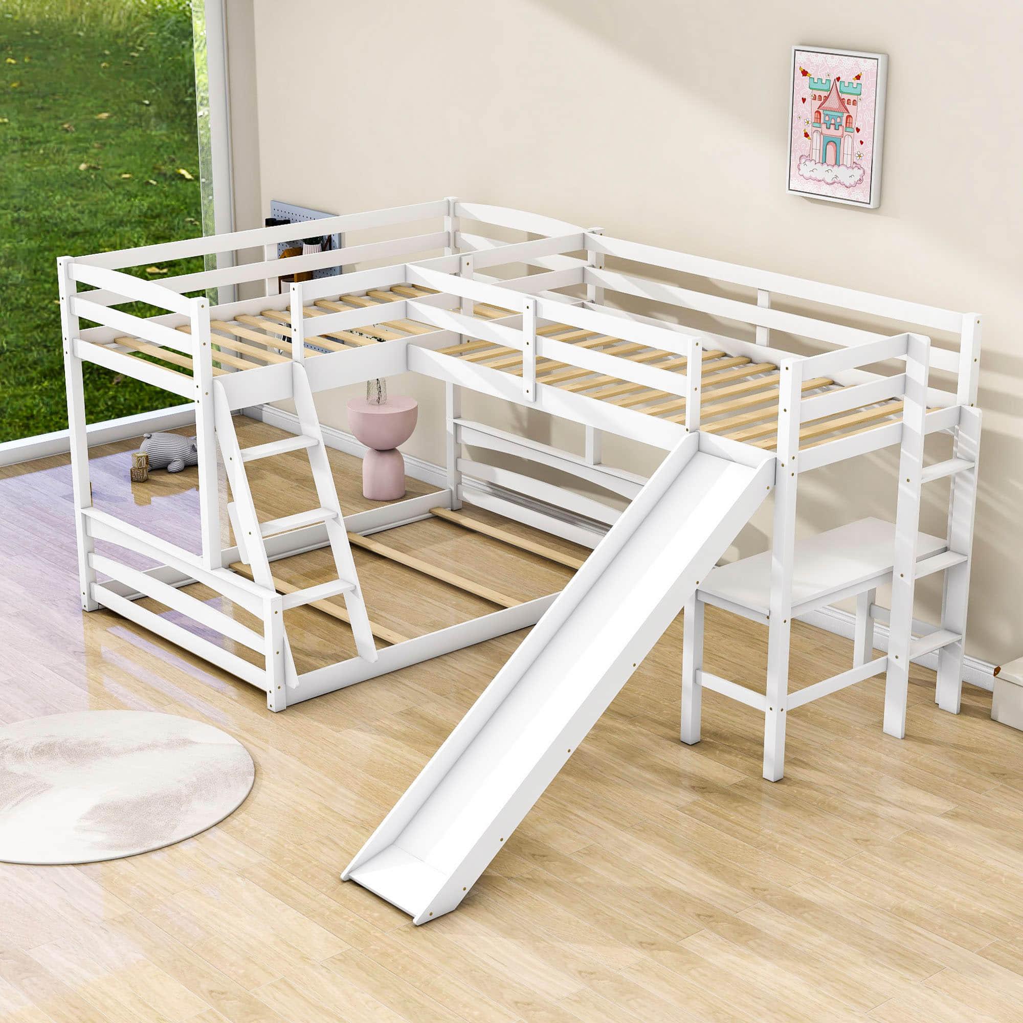 Wood Twin Over Full L-Shaped Low Bunk Bed with Twin Loft Bed with Desk and Slide