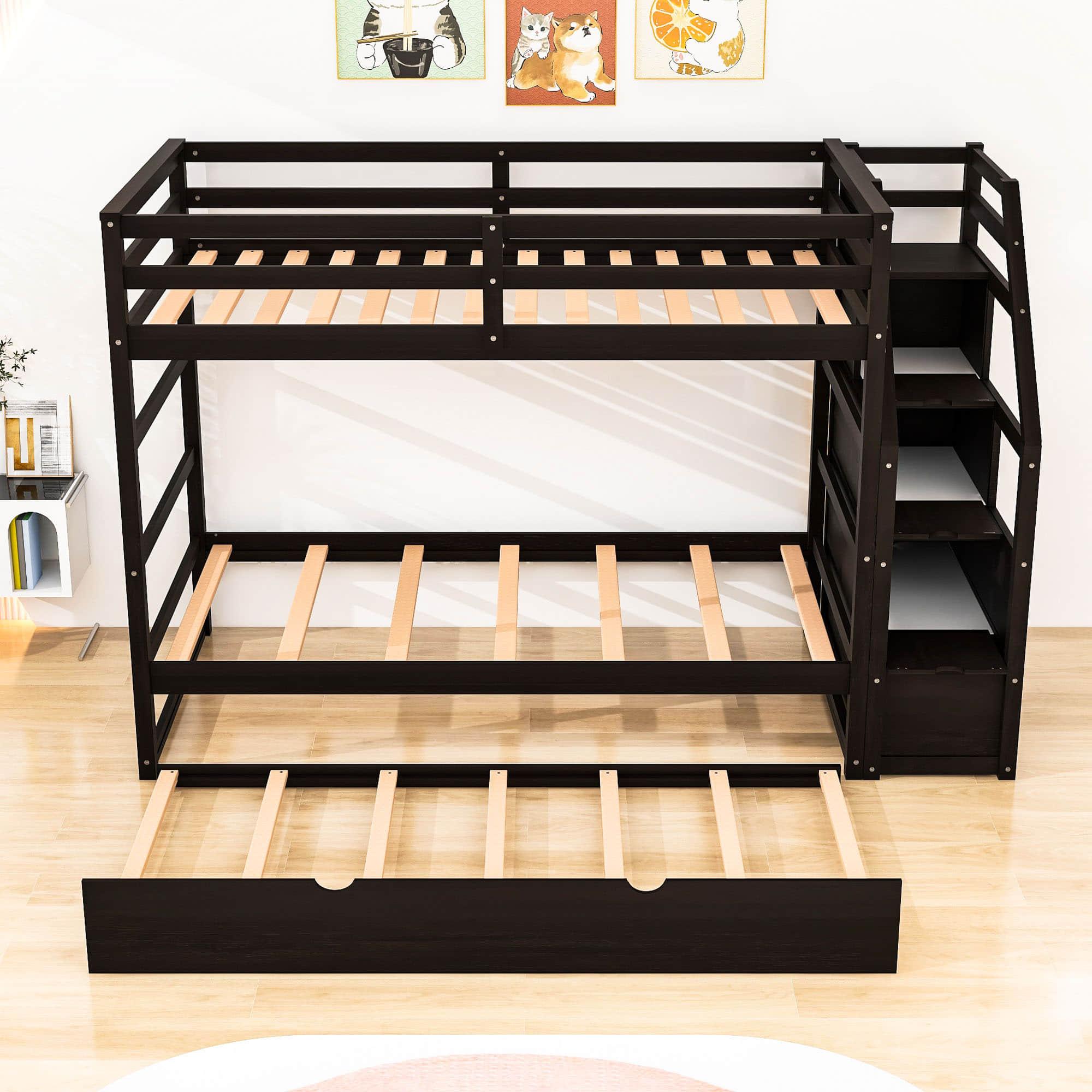 Low Twin Over Twin Bunk Beds for Kids with Storage Stairs and Trundle