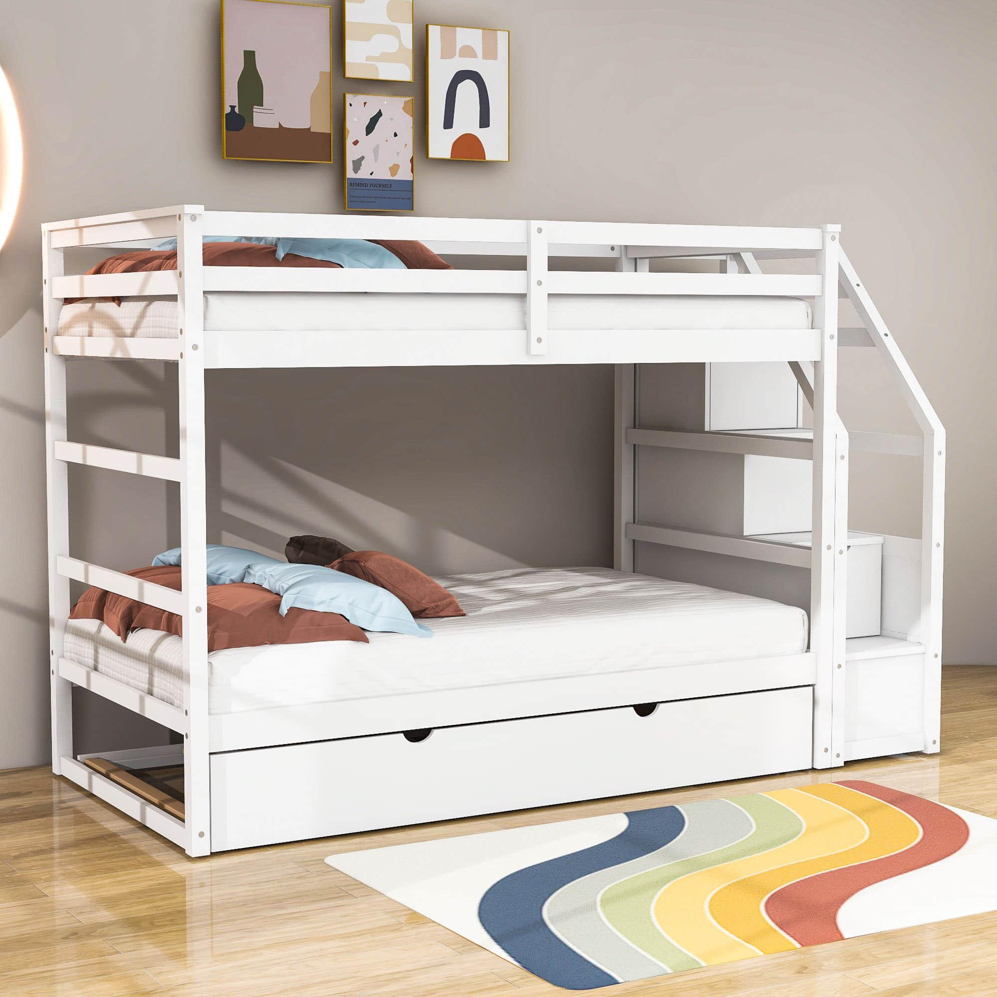 Low Twin Over Twin Bunk Beds for Kids with Storage Stairs and Trundle