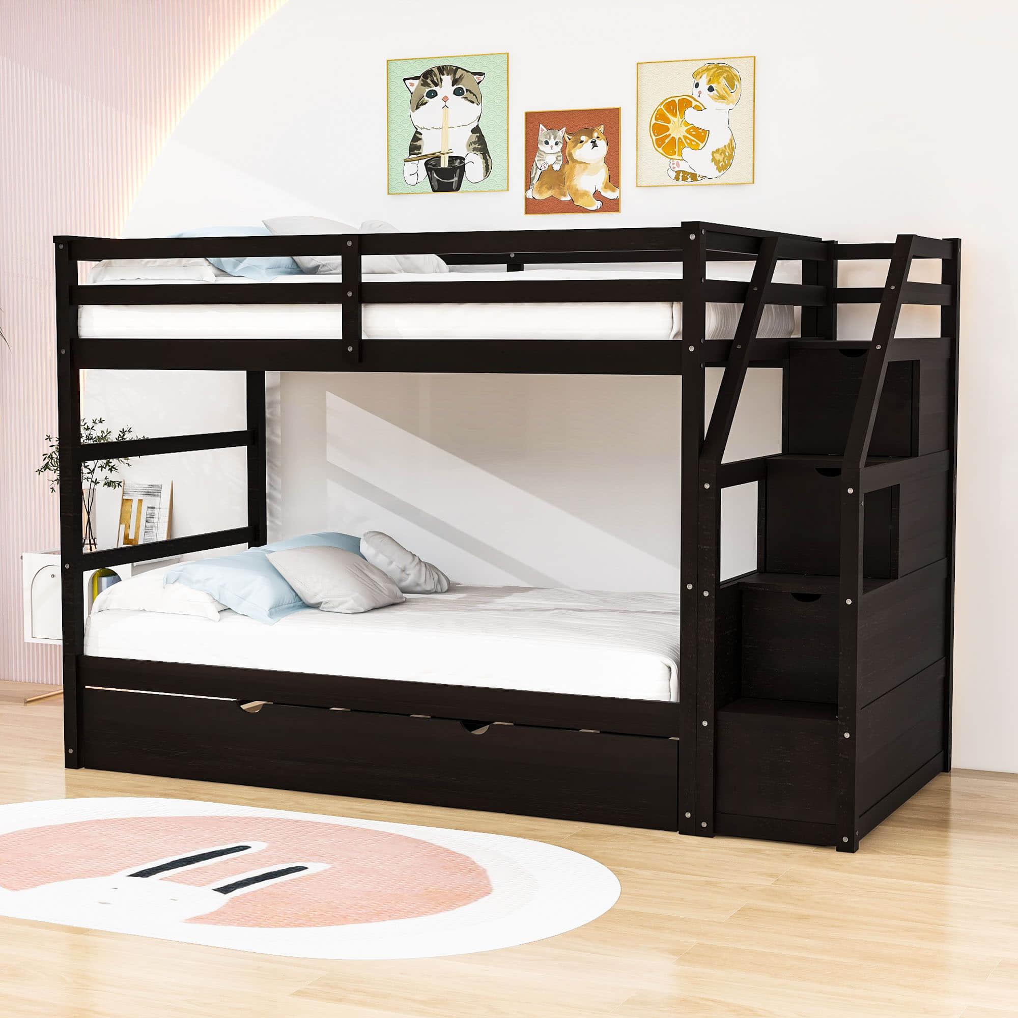 Low Twin Over Twin Bunk Beds for Kids with Storage Stairs and Trundle