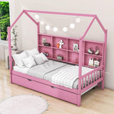 Twin Size Kids House Bed Frame with Twin Trundle and Shelf above Bed