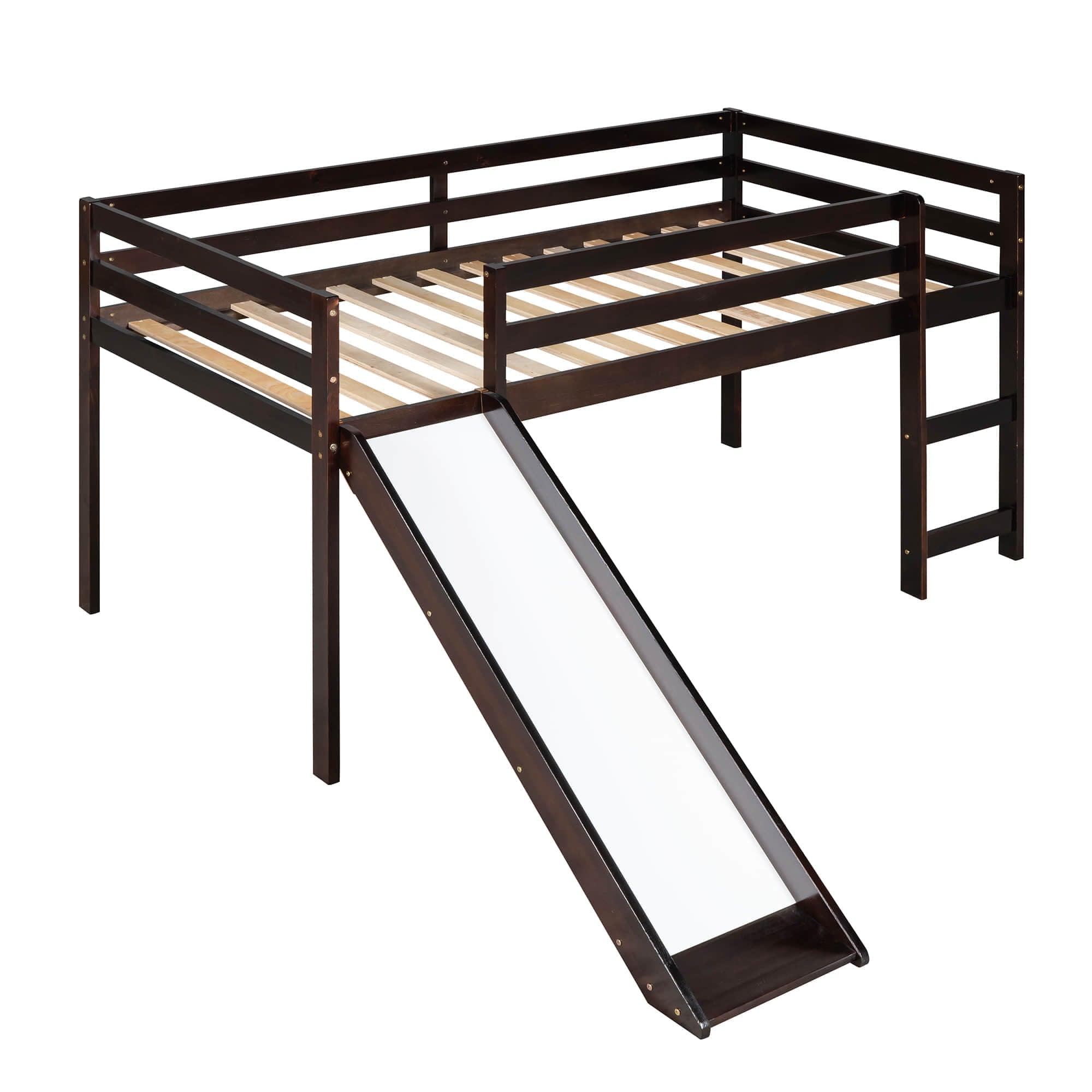 Wood Low Twin Loft Bed for Kids, Toddler with Slide