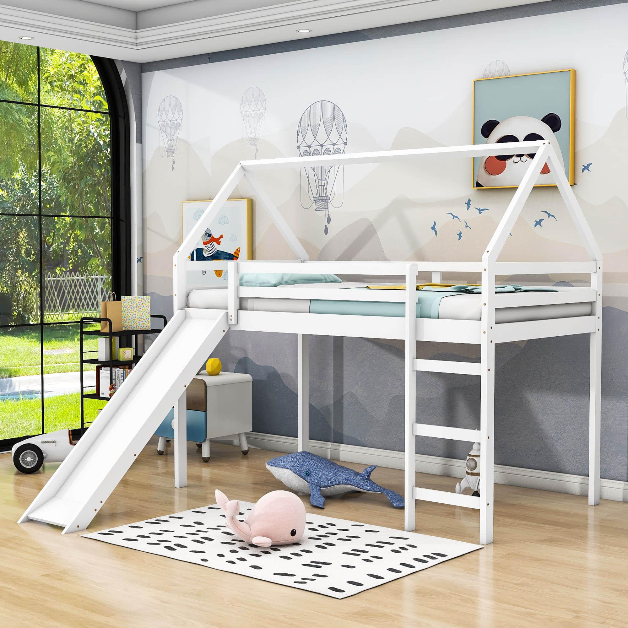 Wood House Twin Loft Bed for Kids with Slide