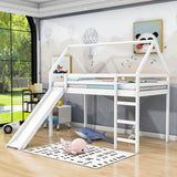 Wood House Twin Loft Bed for Kids with Slide