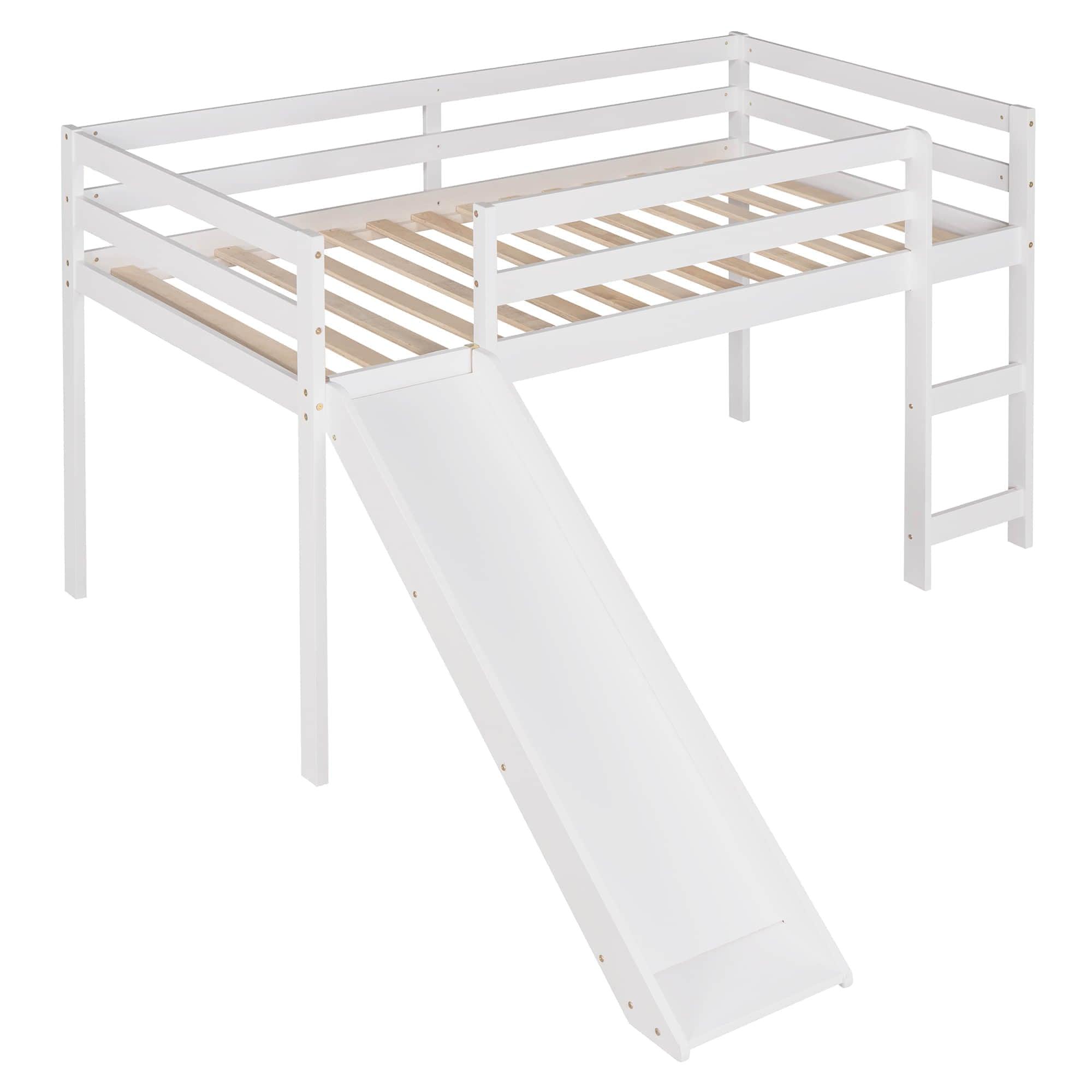 Wood Low Twin Loft Bed for Kids, Toddler with Slide